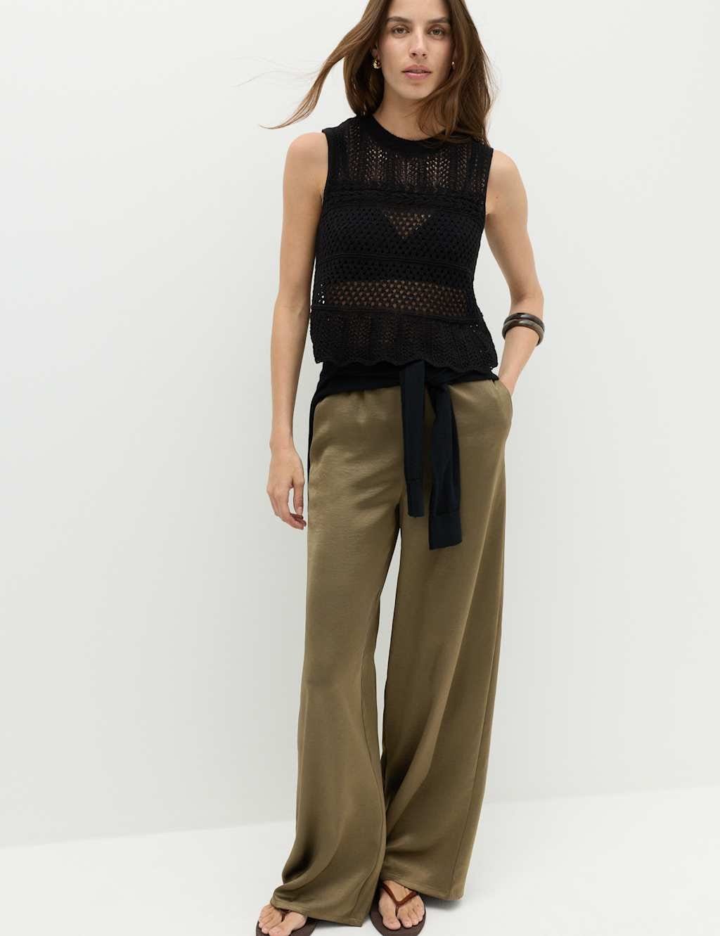 Marks & Spencer M&S Satin Drawstring Wide Leg Trousers Moss - 1