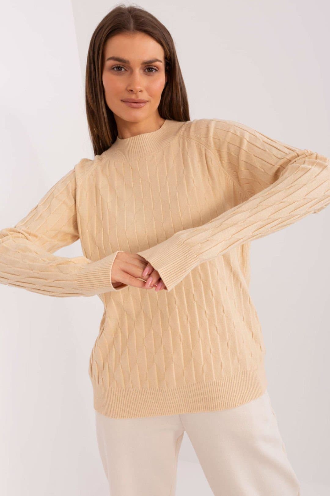 Love Lace Love Lace Women's Variegated Texture Round Neck Sweater in Beige