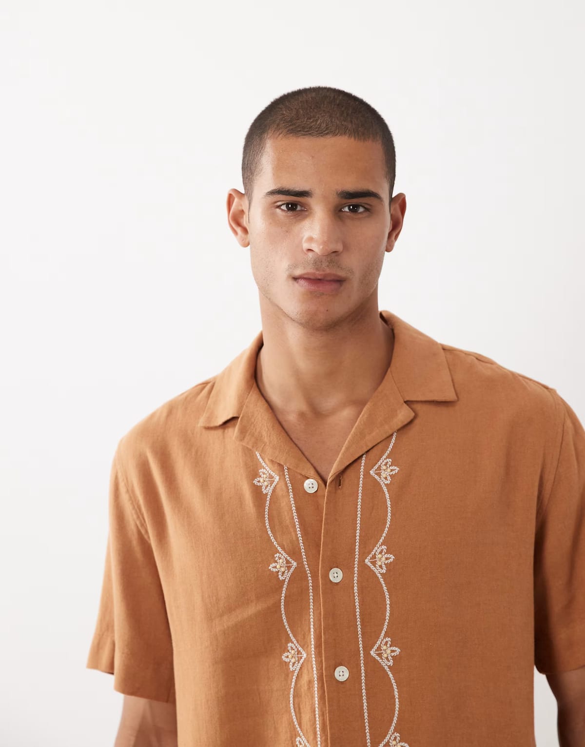 ASOS Abercrombie & Fitch linen rich resort embroidered short sleeve shirt in light brown - 1