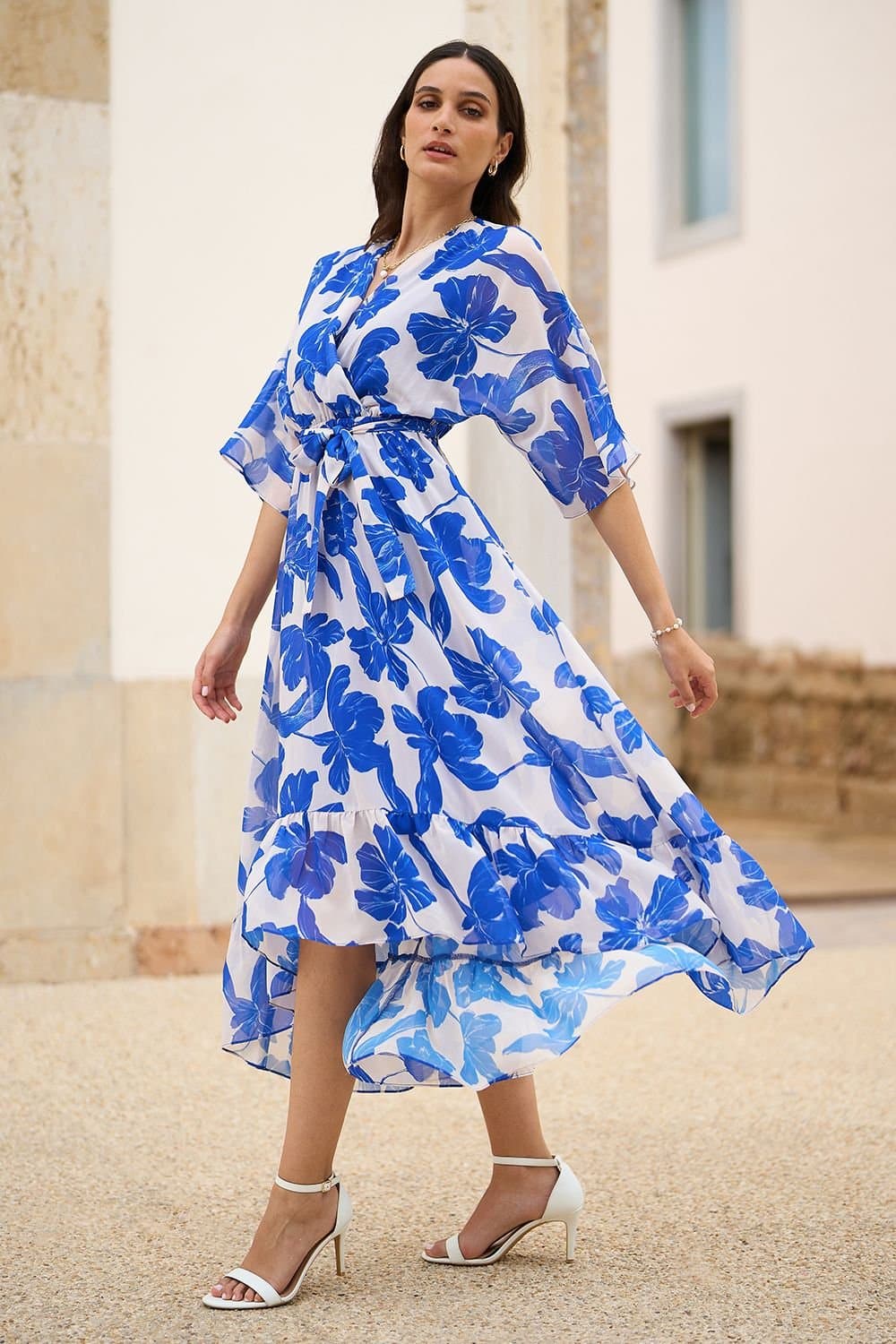 Yumi Yumi Women's Navy Kimono Sleeves Midi Dip Hem Wrap Midi Dress in Blue