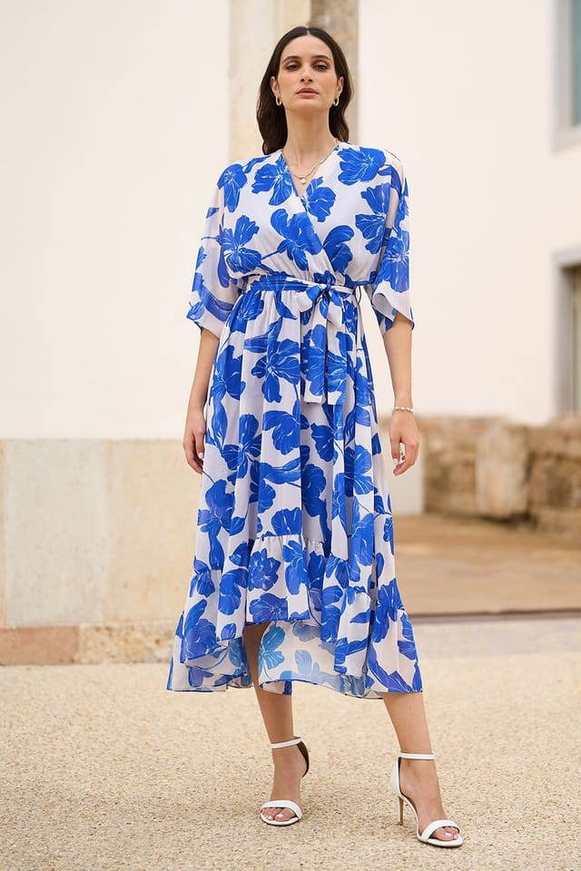 Yumi Yumi Women's Navy Kimono Sleeves Midi Dip Hem Wrap Midi Dress in Blue - 3