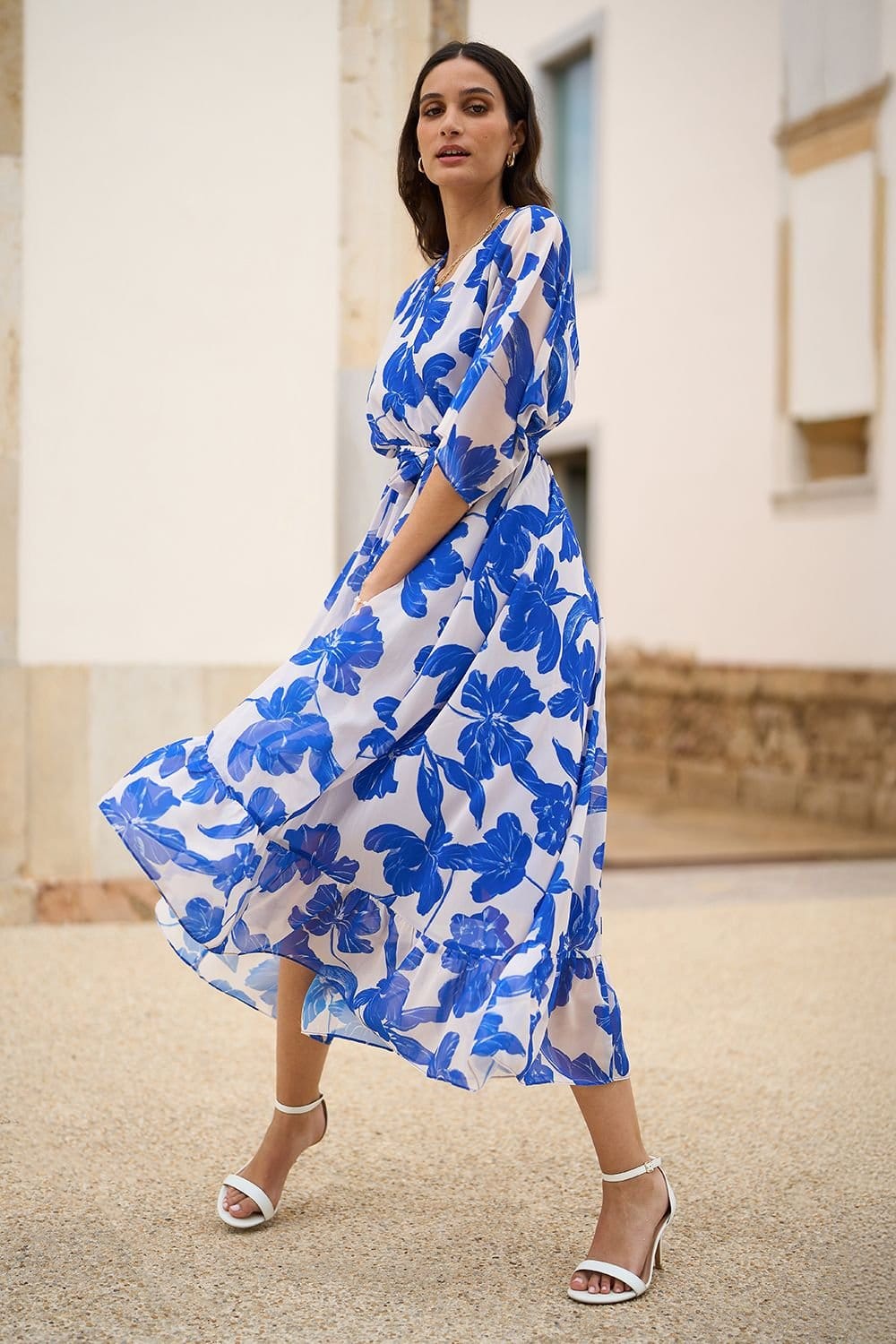 Yumi Yumi Women's Navy Kimono Sleeves Midi Dip Hem Wrap Midi Dress in Blue - 4