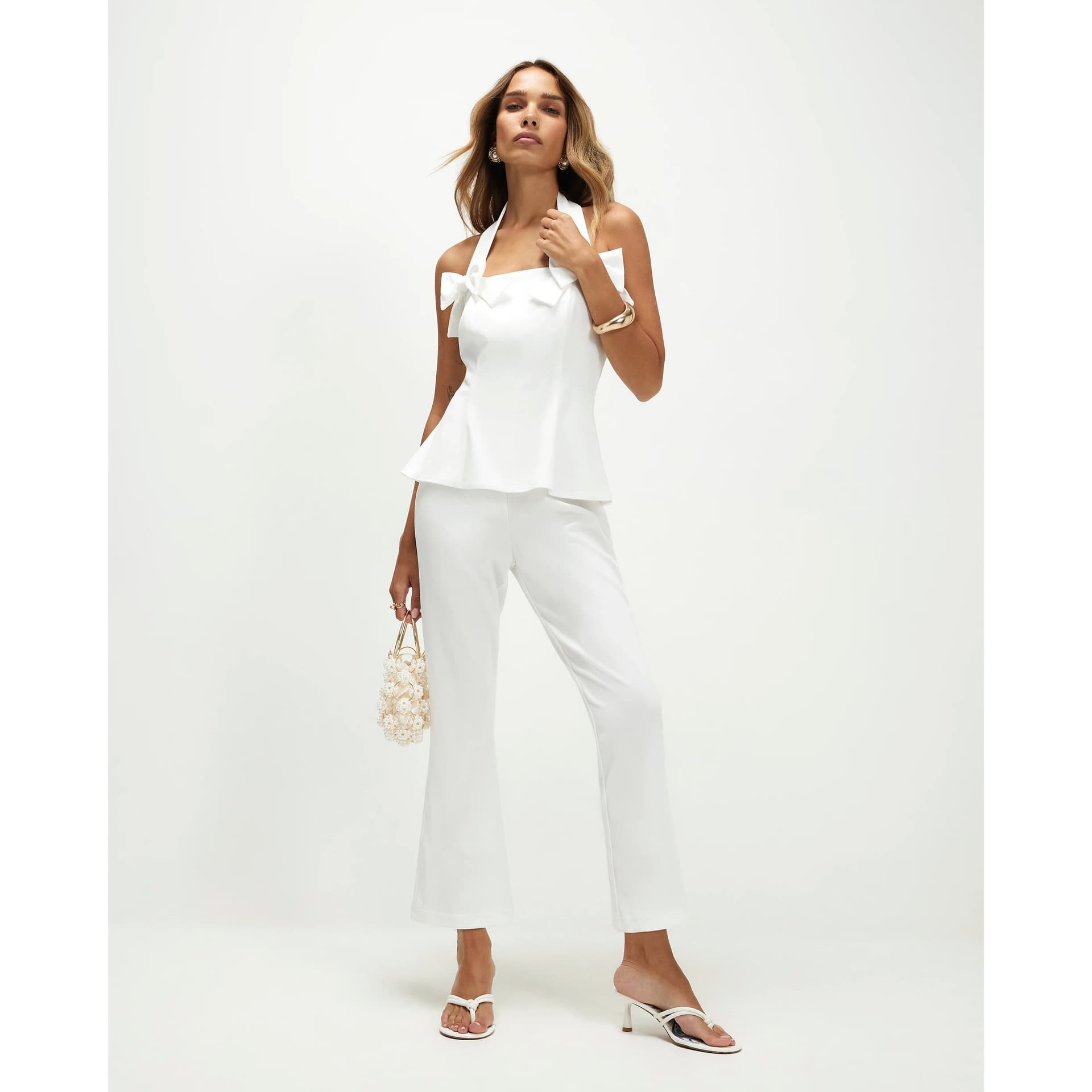 River Island River Island Womens Cream Halter Neck Bow Detail Jumpsuit