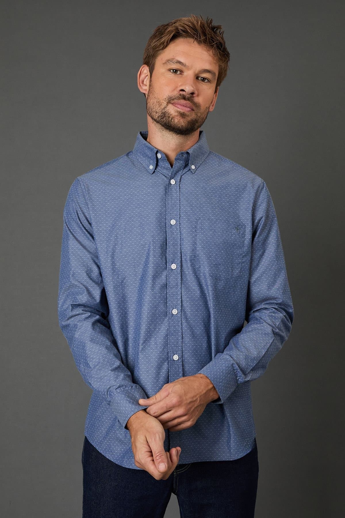 Maine Maine Men's Blue Textured Long Sleeve Shirt