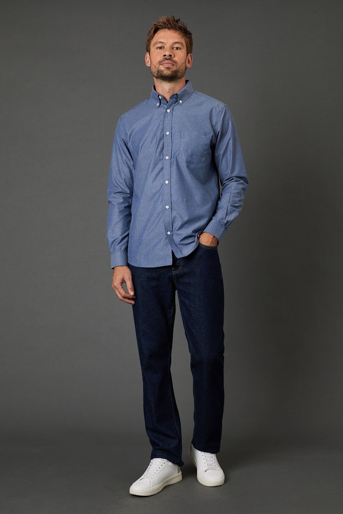 Maine Maine Men's Blue Textured Long Sleeve Shirt - 4