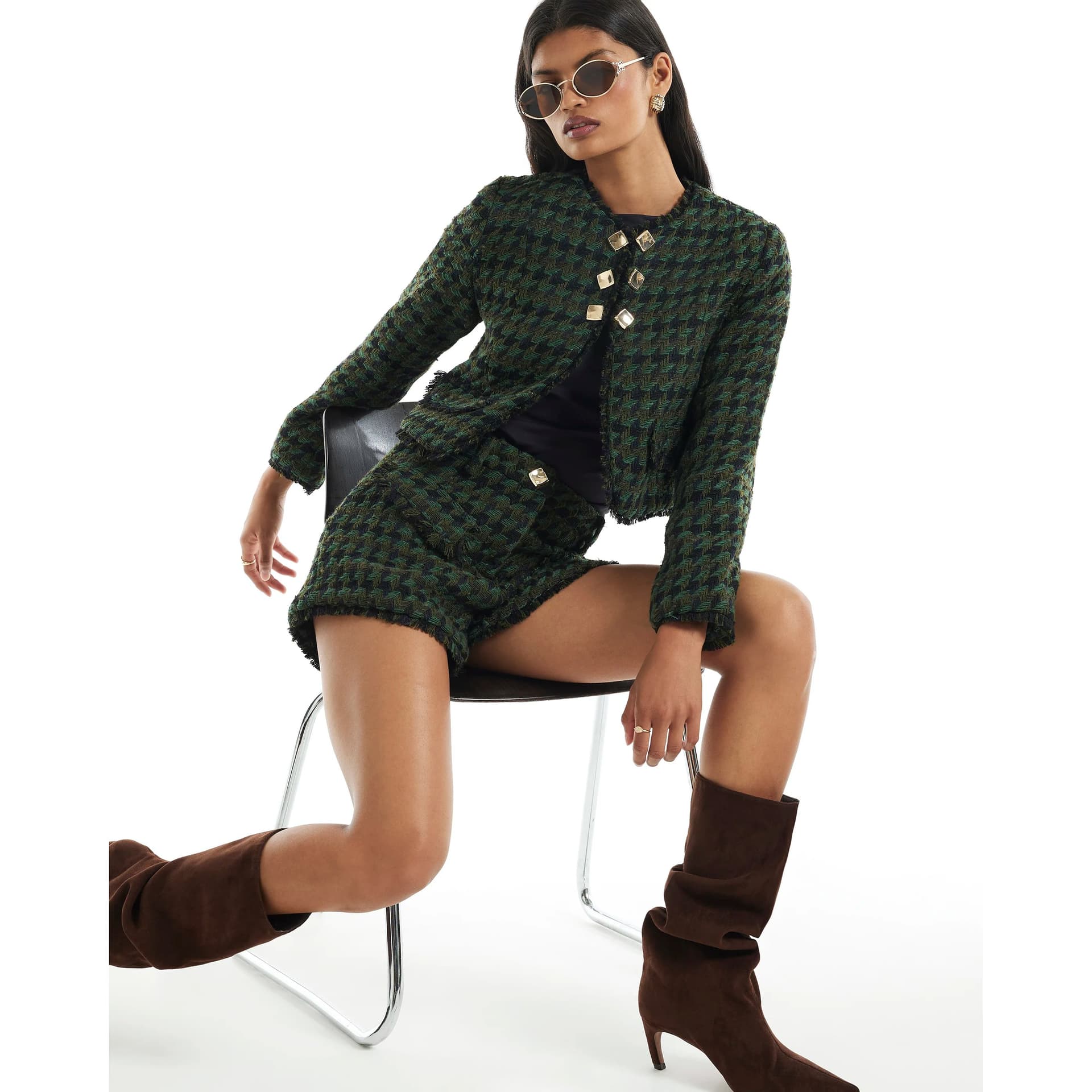 River Island River Island Womens Green Check Boucle Cropped Jacket
