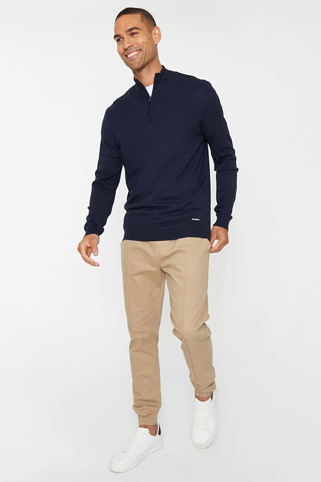 Threadbare Threadbare Men's 'Tucci' Funnel Neck Quarter Zip Knitted Jumper in Navy - 3