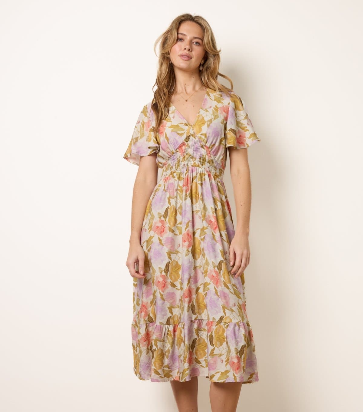 Blue Vanilla Women's Multicolour Floral Print Angel Sleeve Midi Dress Blue Vanilla New Look
