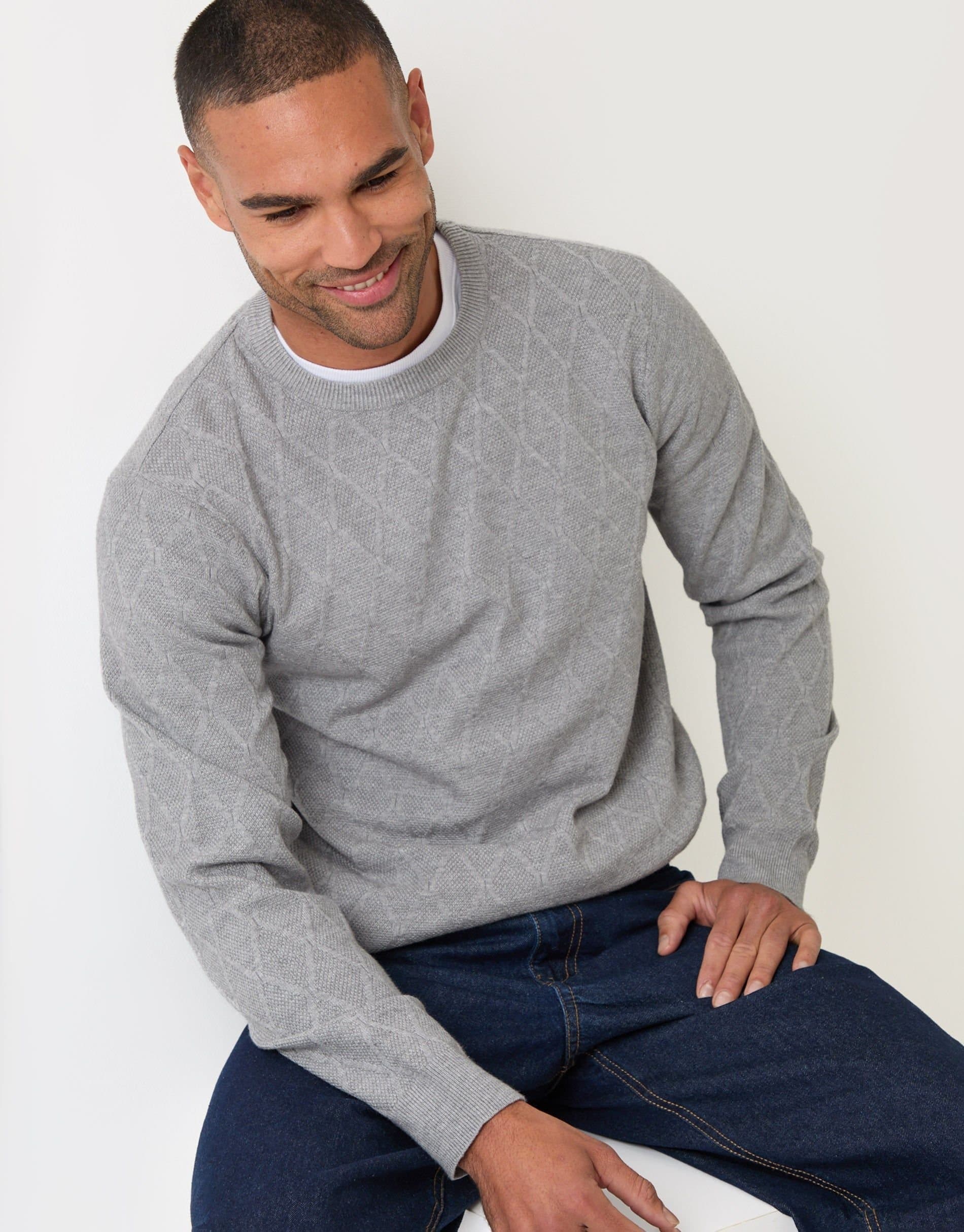 Threadbare threadbare Men's Diamond Textured Crew Neck Jumper in Grey