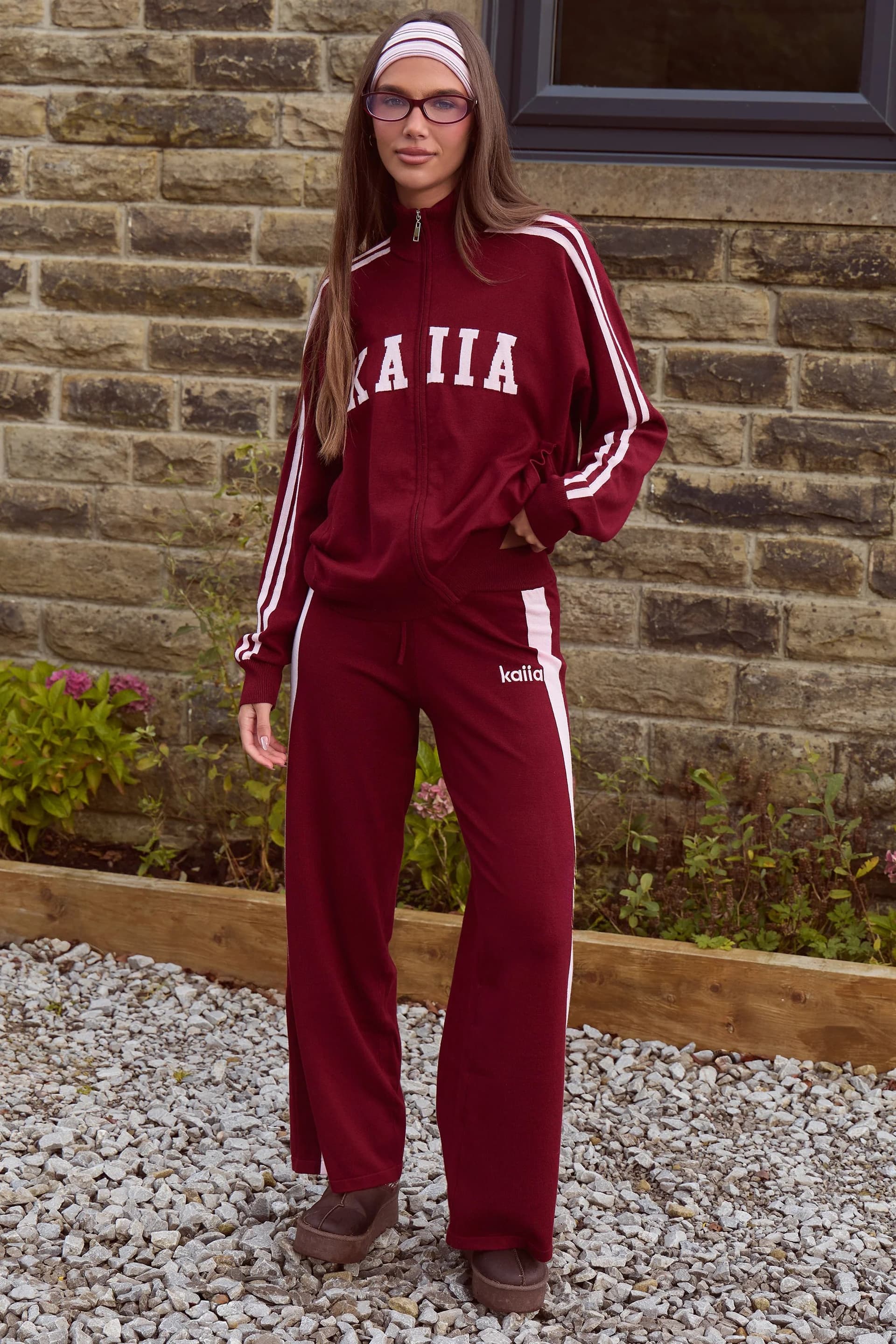 Kaiia Kaiia Lightweight Knit Sport Stripe Wide Leg Trousers Dark Cherry & Pink