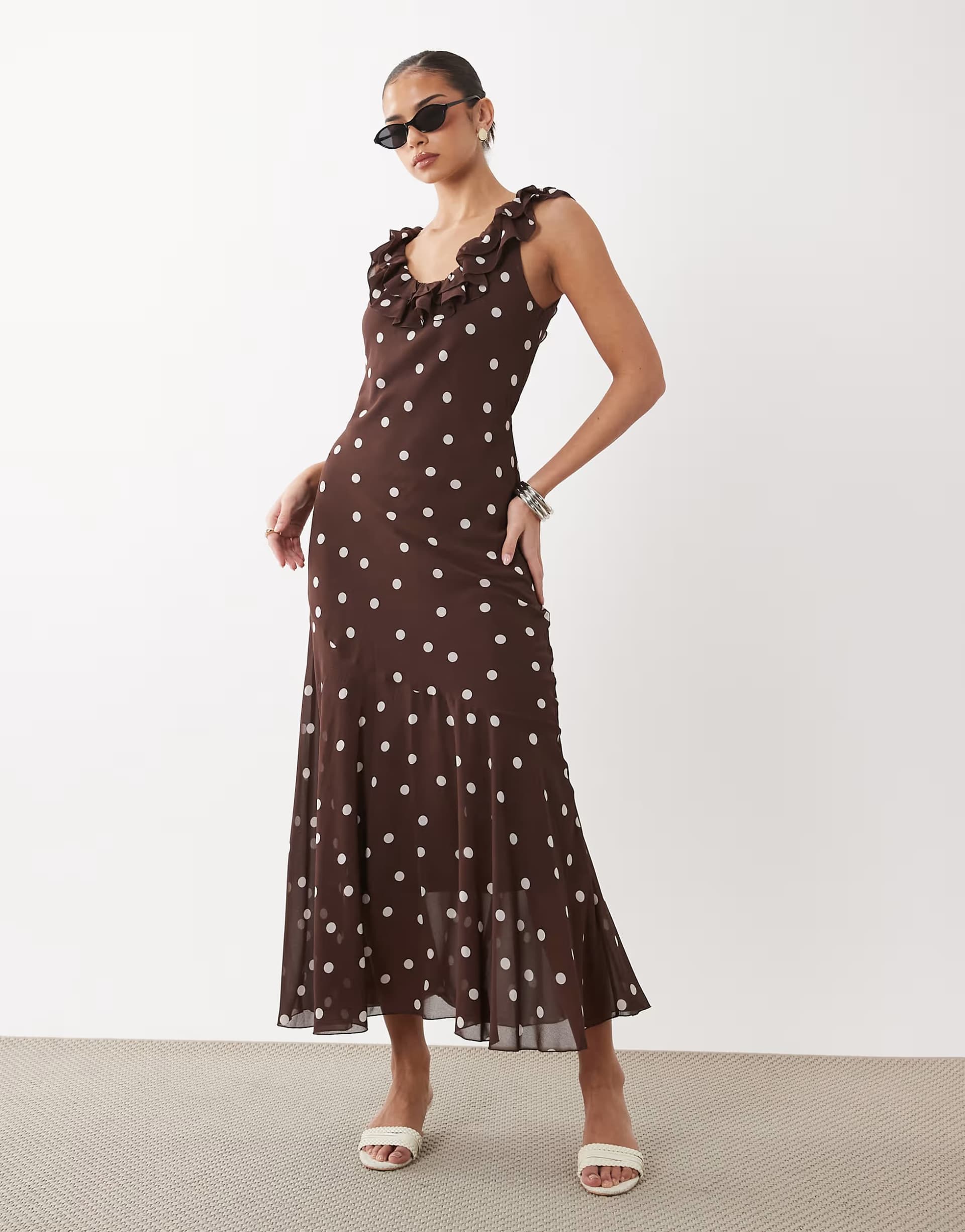 ASOS Gina Tricot off the shoulder maxi asymmetric frill dress in brown polka dot