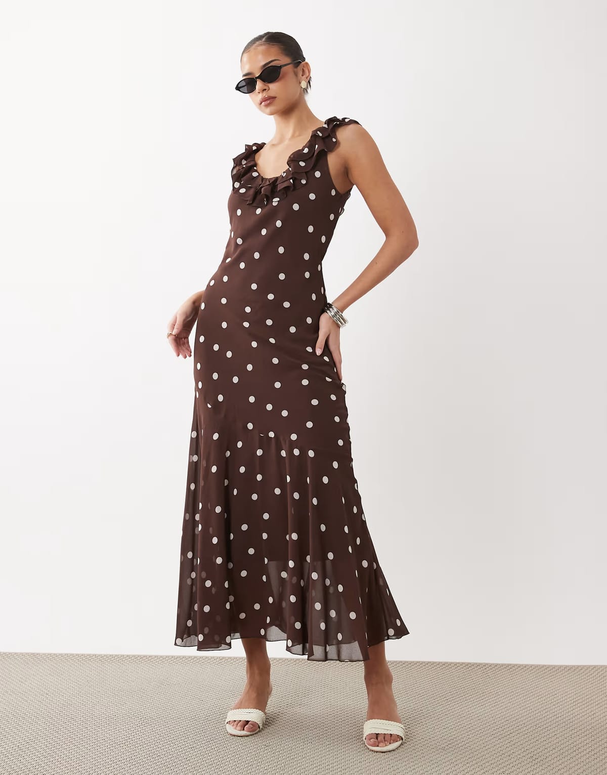 ASOS Gina Tricot off the shoulder maxi asymmetric frill dress in brown polka dot - 1