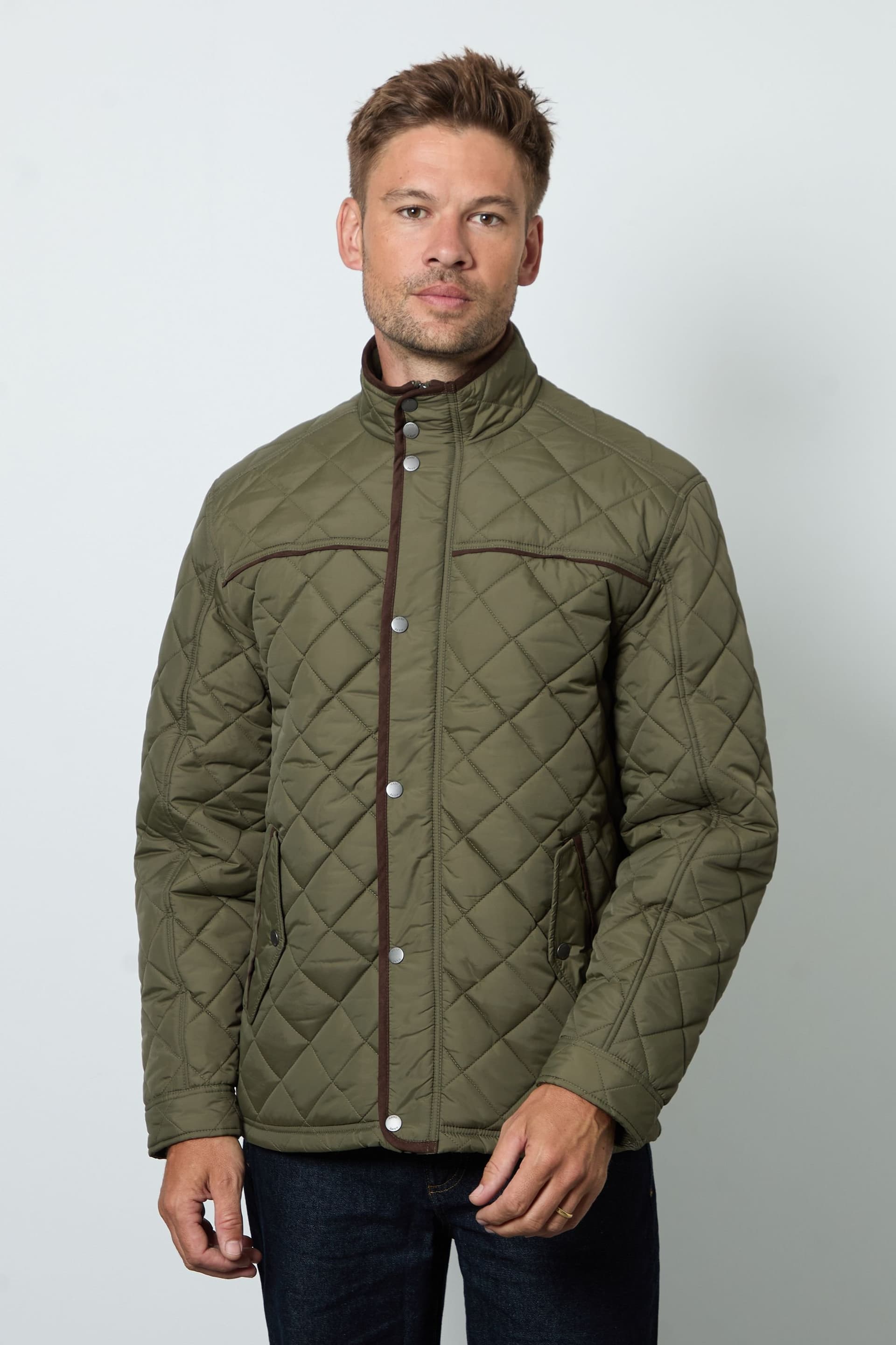 Maine Maine Men's Dark Khaki Funnel Neck Diamond Quilted Jacket