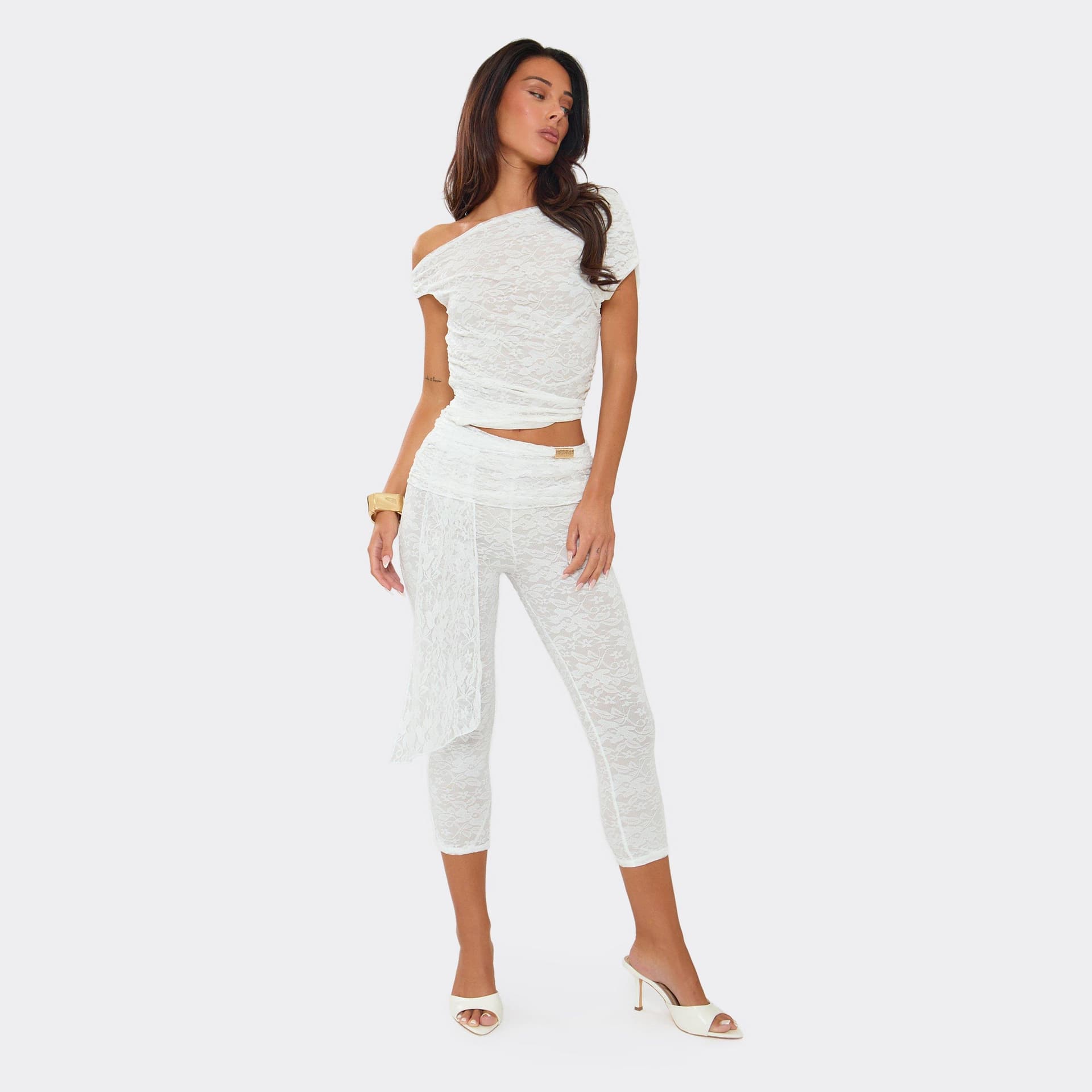 EGO Slash Neck Cut Out Drape Detail Capri Jumpsuit In White Lace, Women's Size UK 6