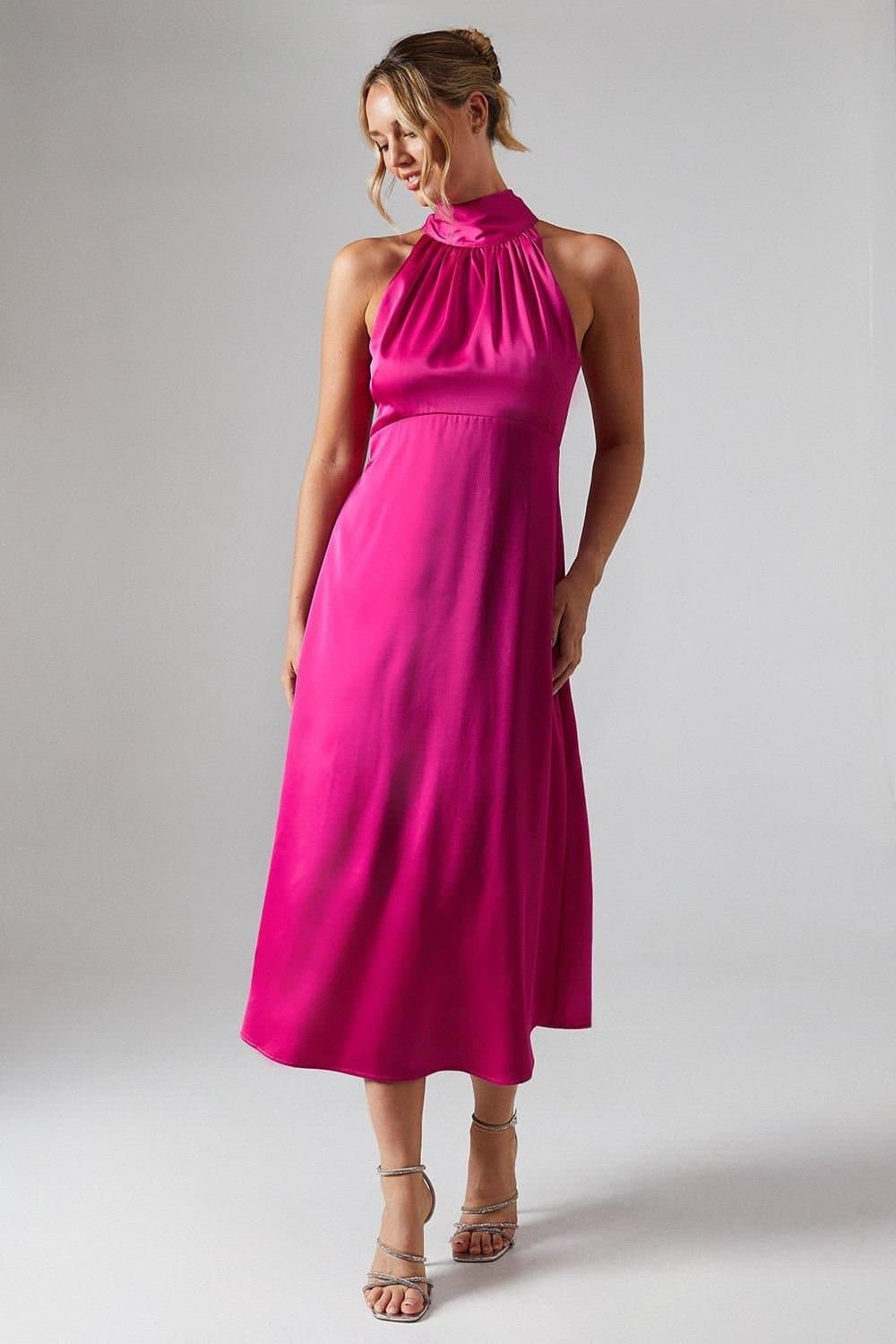 Oasis Oasis Women's Satin Halter Neck Midi Bridesmaid Midi Dress in Bright Pink