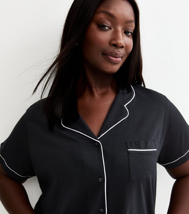 New Look Women's Plus Size Black Jersey Revere Collar Pyjama Set Curves New Look - 3