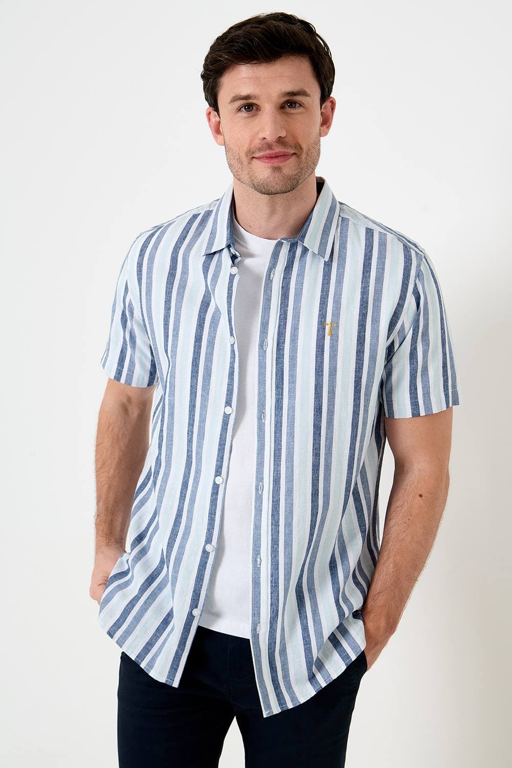 Saltwell Saltwell Men's Two Tone Stripe Linen Rich Short Sleeve Shirt in Blue