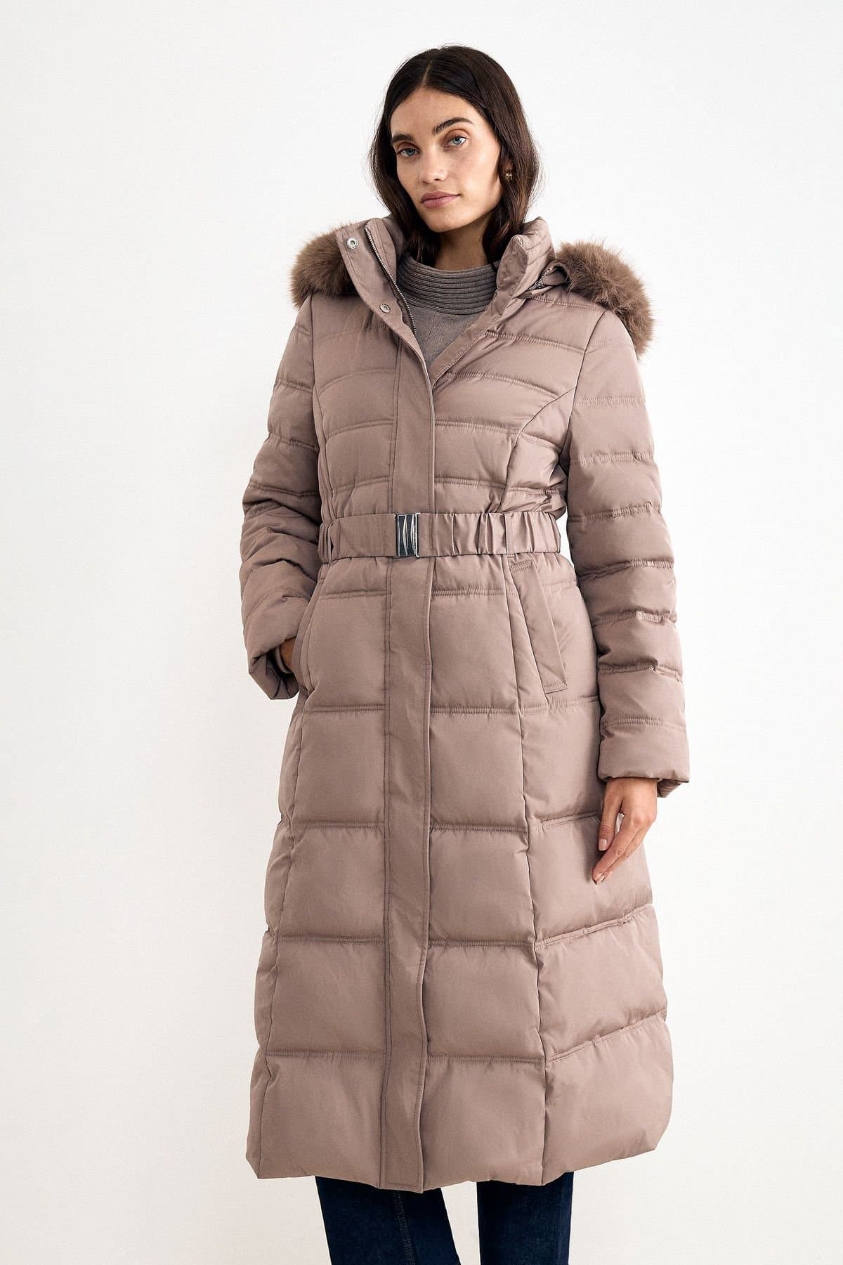 Phase Eight Phase Eight Women's Dixie Faux Fur Hood Belted Puffer Coat in Taupe