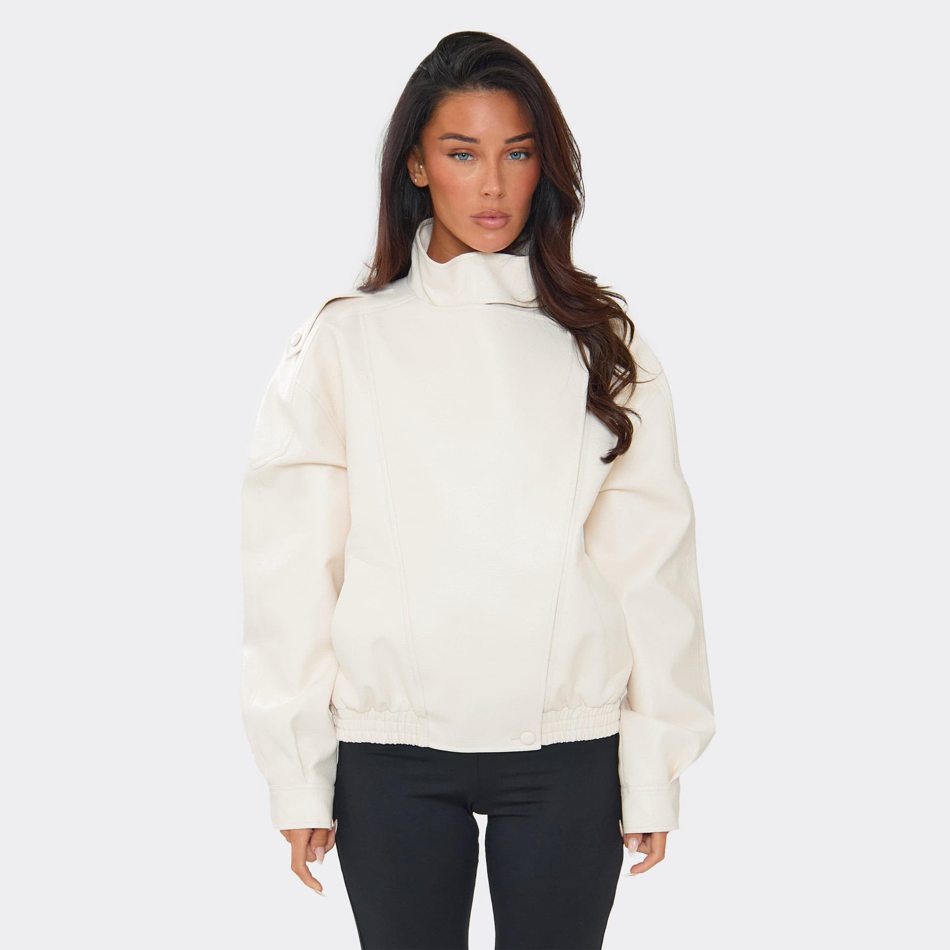 EGO Long Sleeve Funnel Neck Bomber Jacket In Cream Faux Leather, Women's Size UK 6