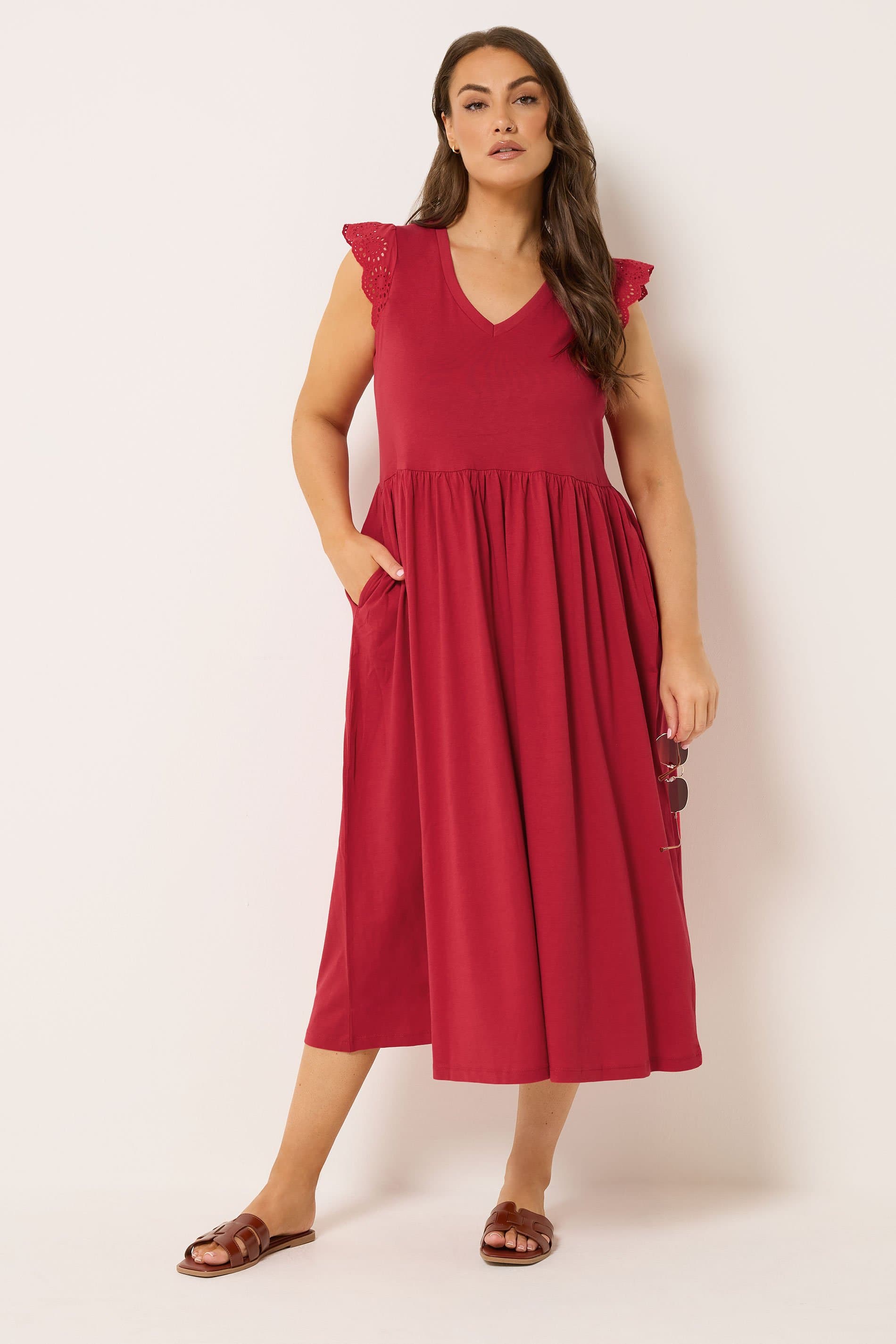 Yours Plus Size Red Broderie Sleeve Maxi Dress