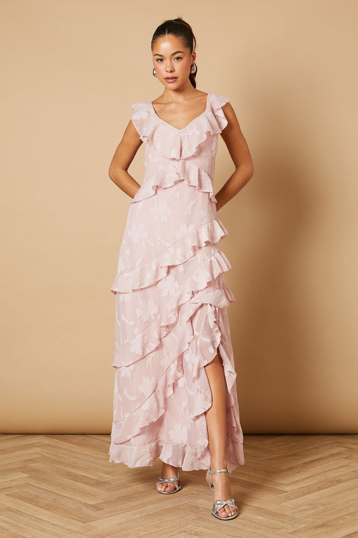 Oasis Oasis Women's Ruffle Jacquard Print Maxi Dress in Blush