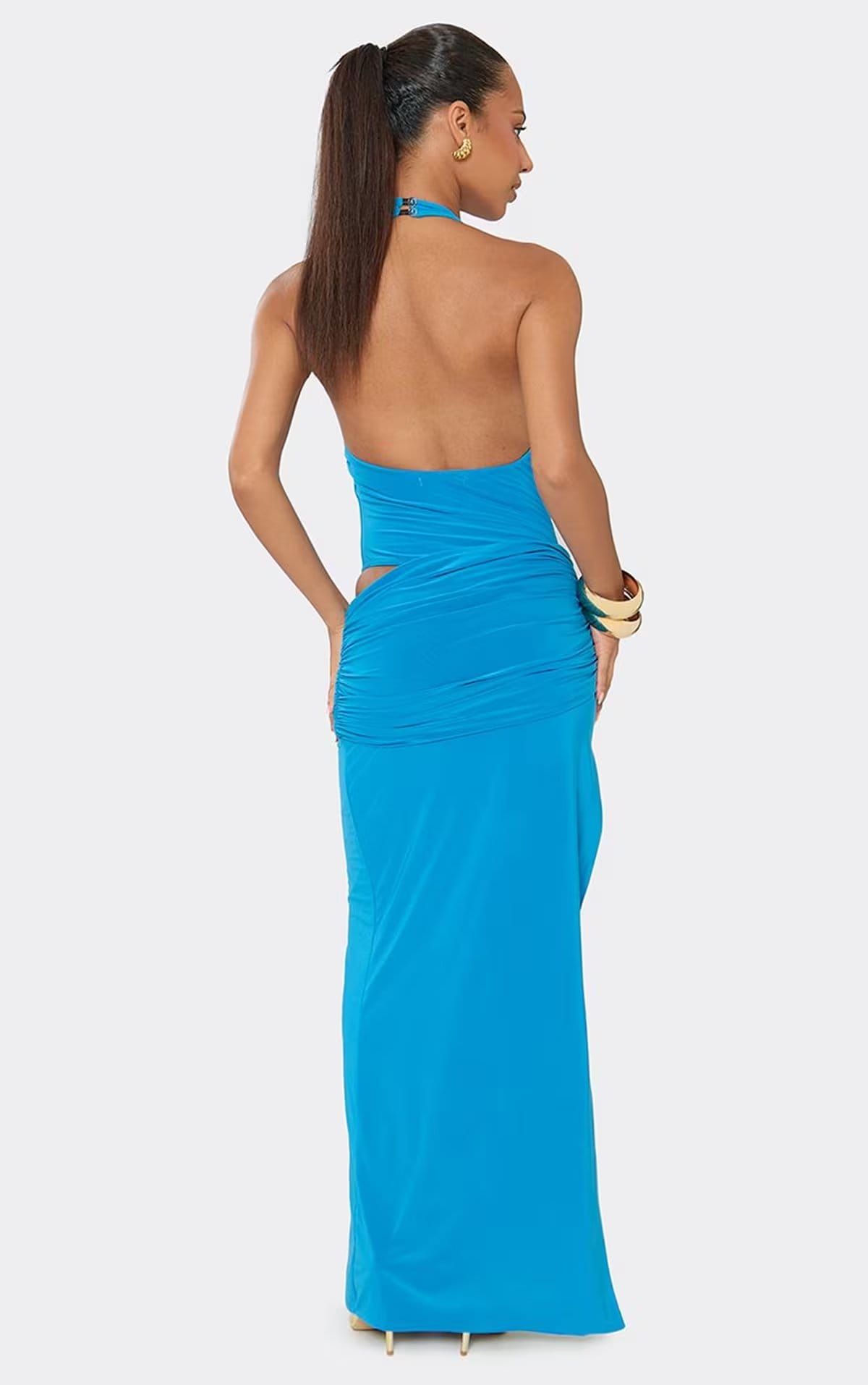 Plunge Bodysuit Detail Ruched Maxi Dress In Aqua, Women's Size UK 6