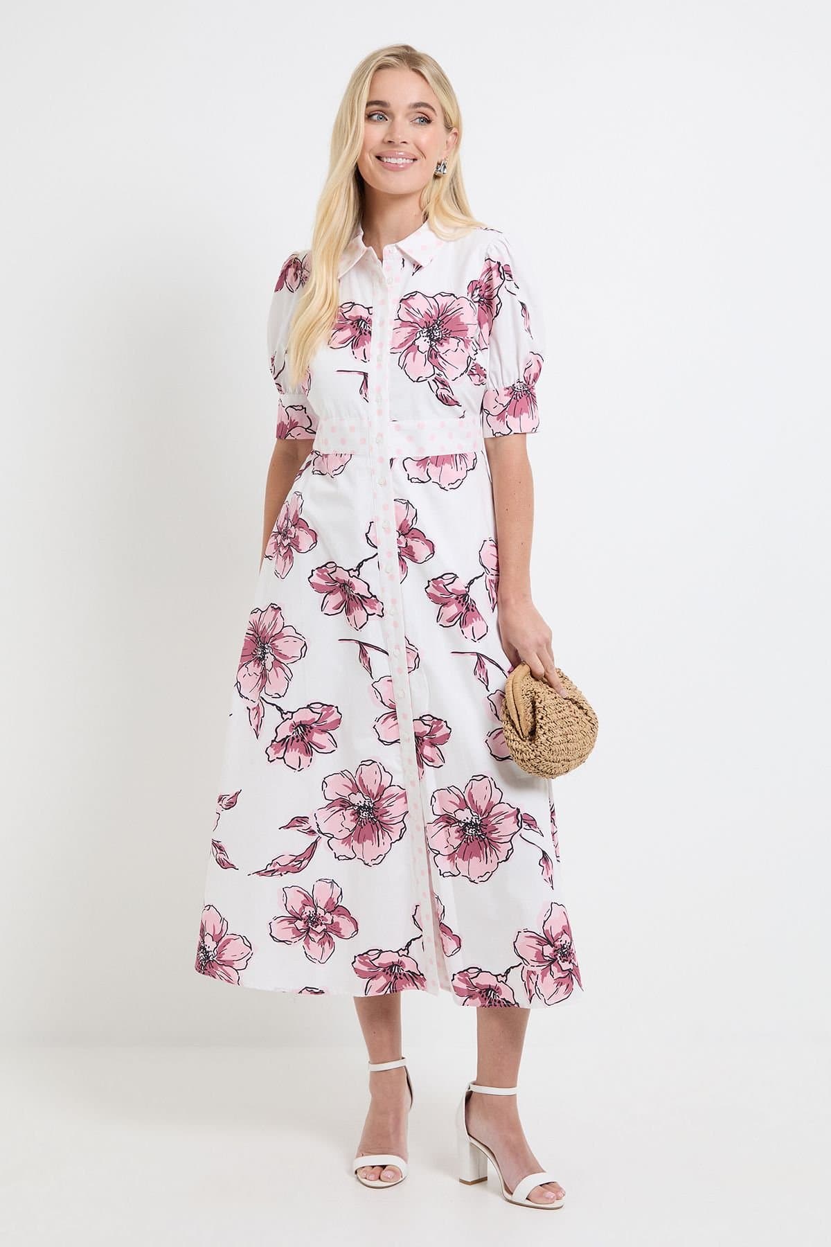 Wallis Wallis Women's Petite Summer Cotton Floral Shirt Dress in Pink