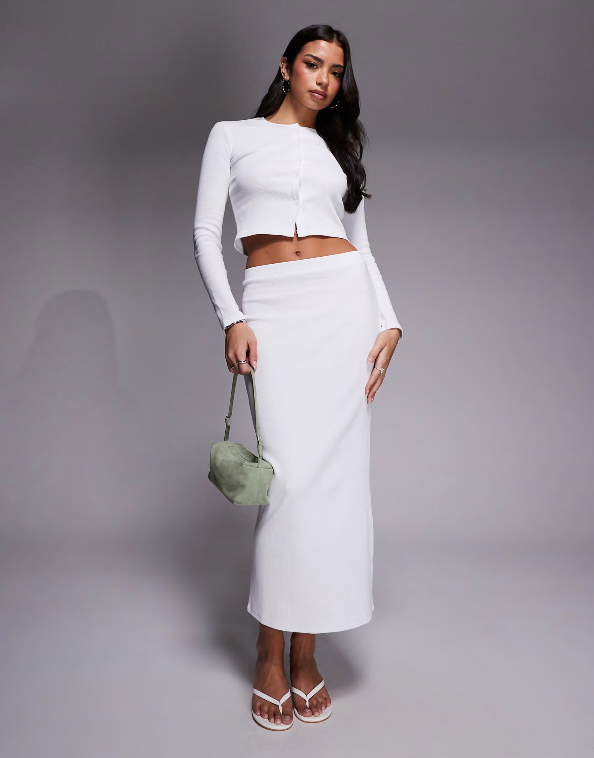 ASOS The Frolic exclusive ribbed mid waist maxi column skirt co-ord in white - 1