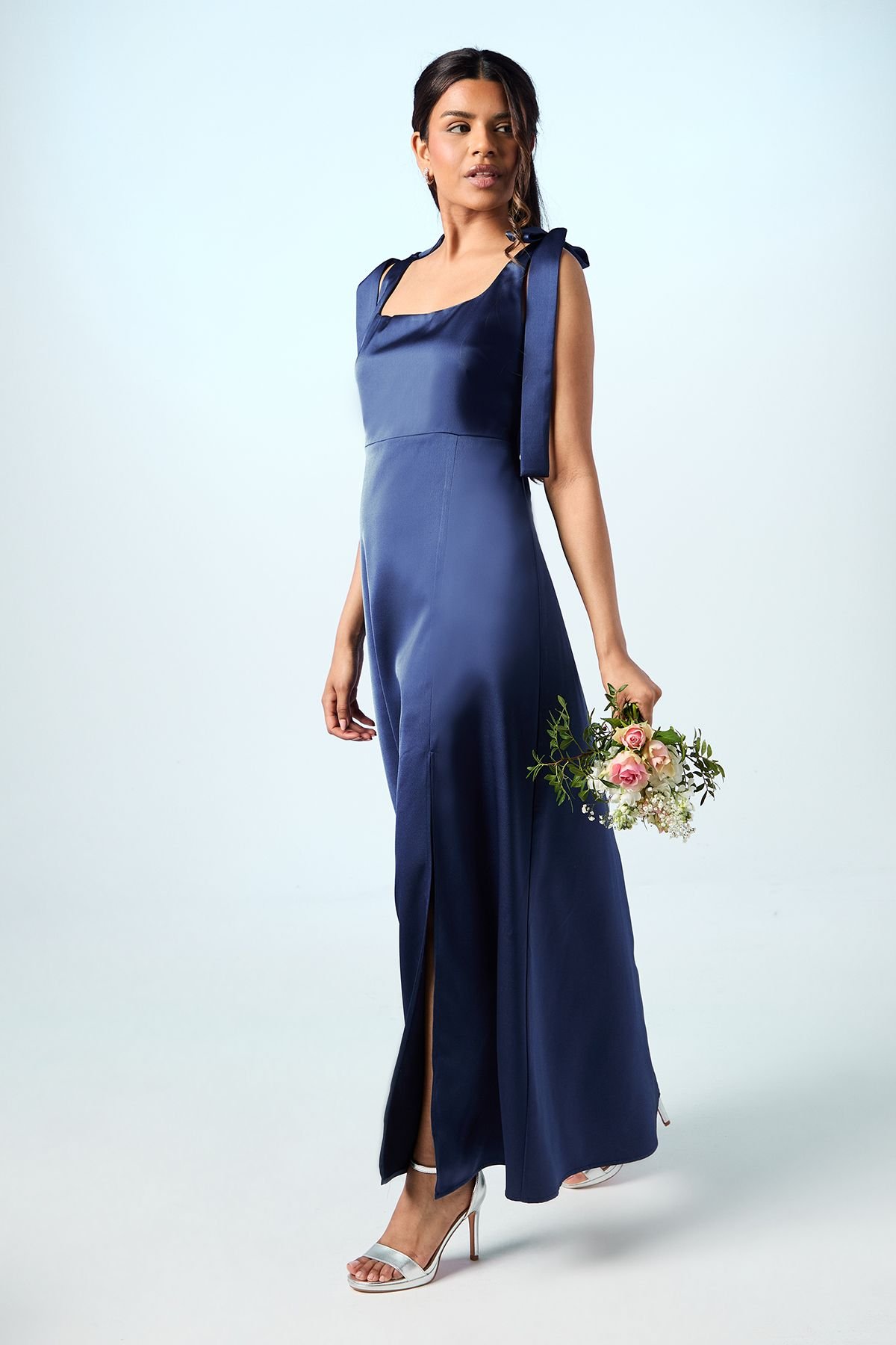 Oasis Oasis Women's Petite Satin Tie Shoulder Midi Bridesmaid Dress in Navy - 2