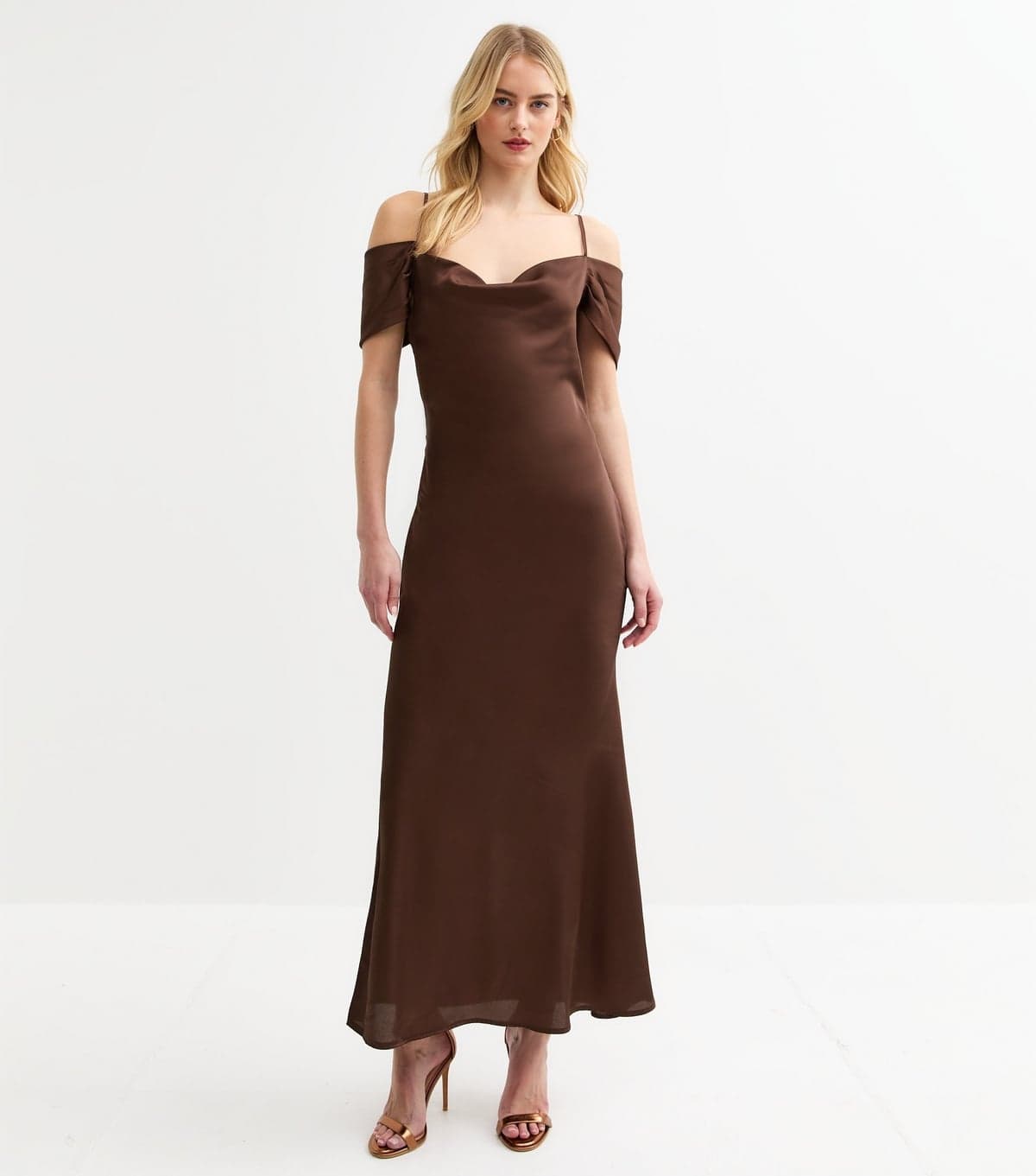 New Look Women's Tall Dark Brown Bardot Satin Midi Dress New Look