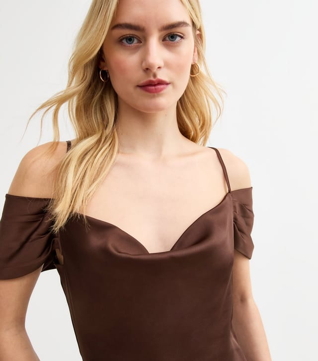 New Look Women's Tall Dark Brown Bardot Satin Midi Dress New Look - 2