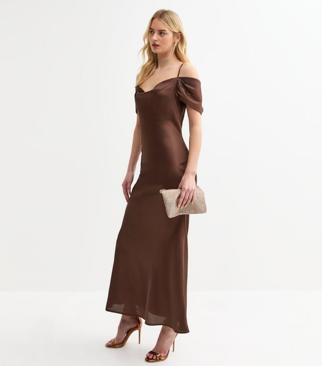 New Look Women's Tall Dark Brown Bardot Satin Midi Dress New Look - 3