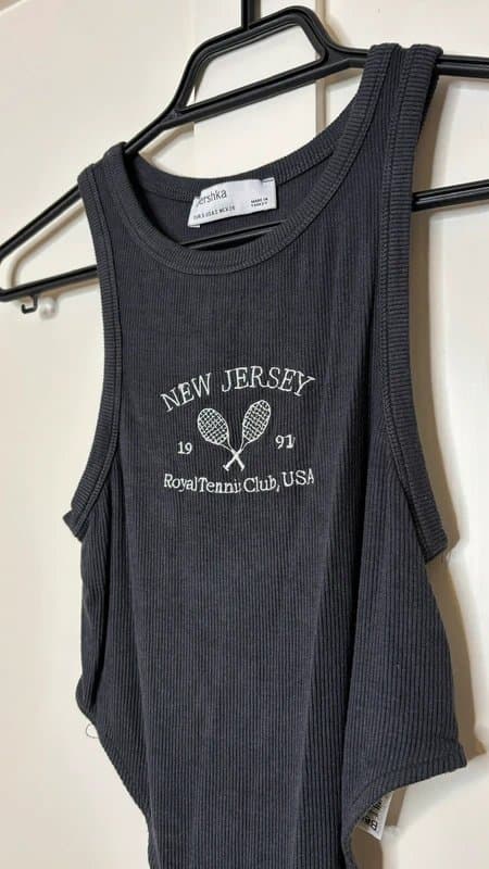 Bershka Bershka Dark Grey Ribbed Graphic Embroidered Racerback Bodysuit