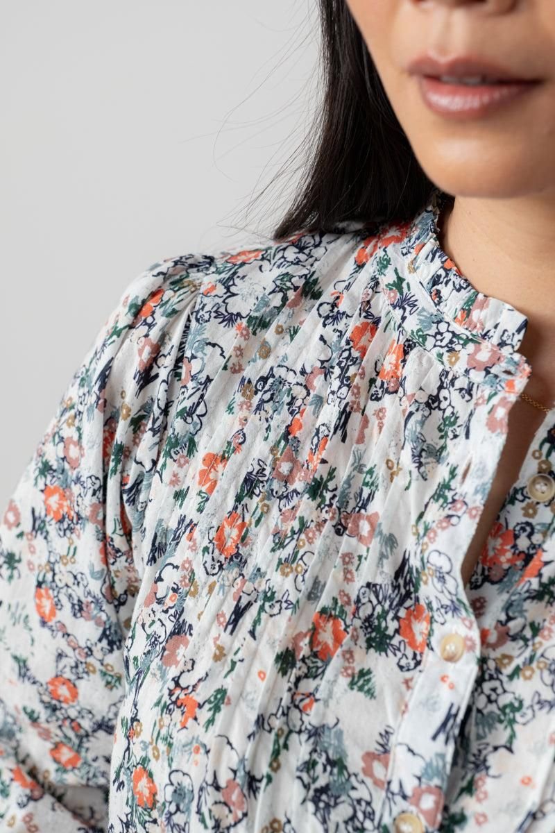 Lily & Me Lily & Me Women's Flora Ditsy Print Long Sleeved Cotton Blouse in Ecru - 3