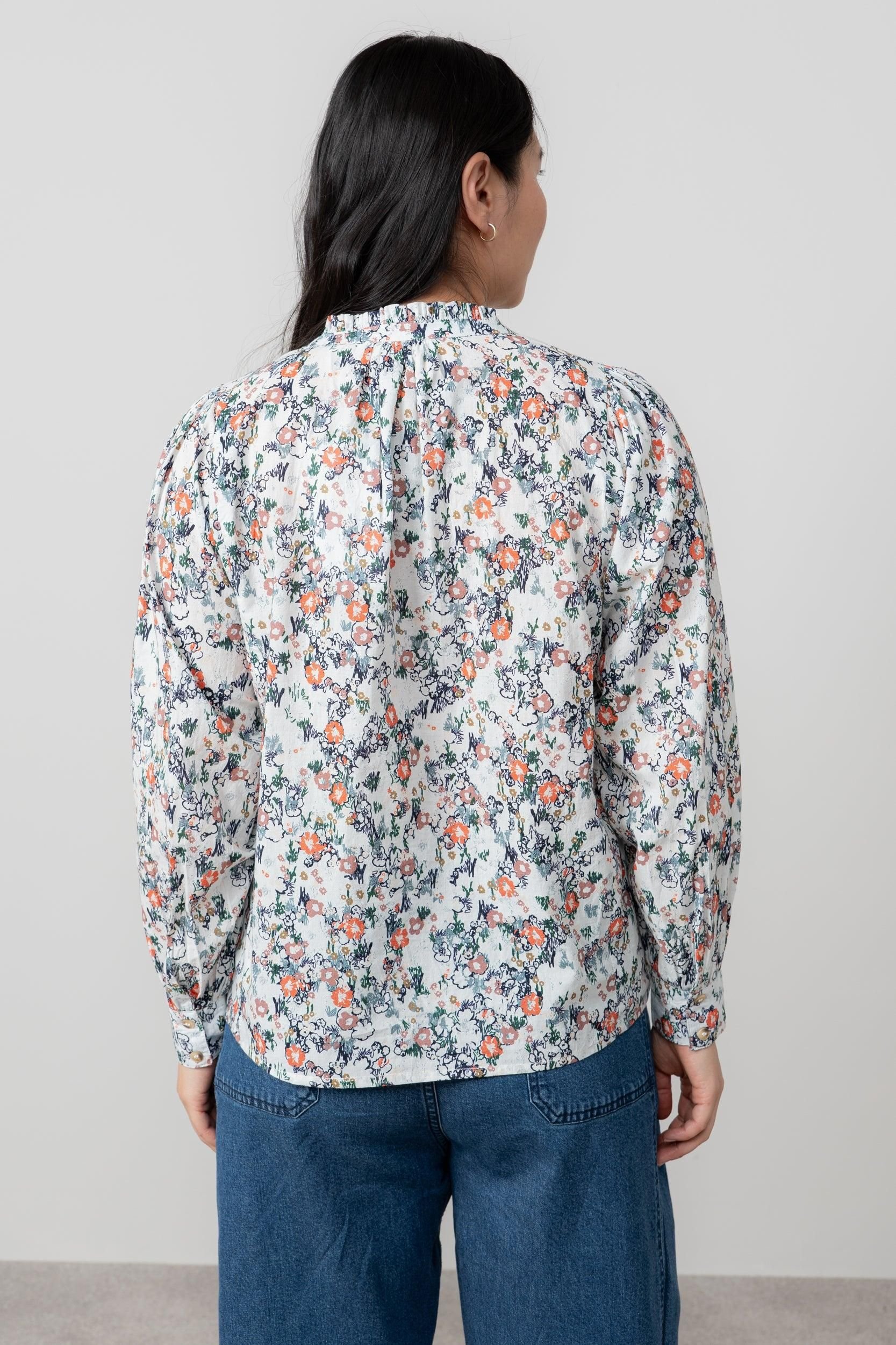 Lily & Me Lily & Me Women's Flora Ditsy Print Long Sleeved Cotton Blouse in Ecru - 4