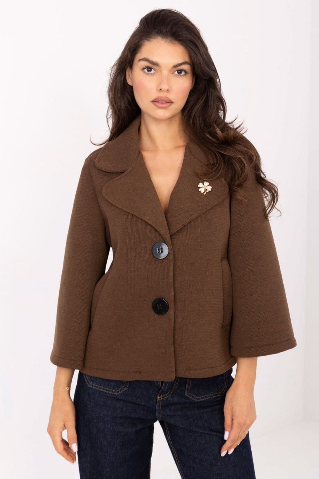 Love Lace Love Lace Women's Elastane Blend 3/4 Sleeve Lapel Coat in Brown