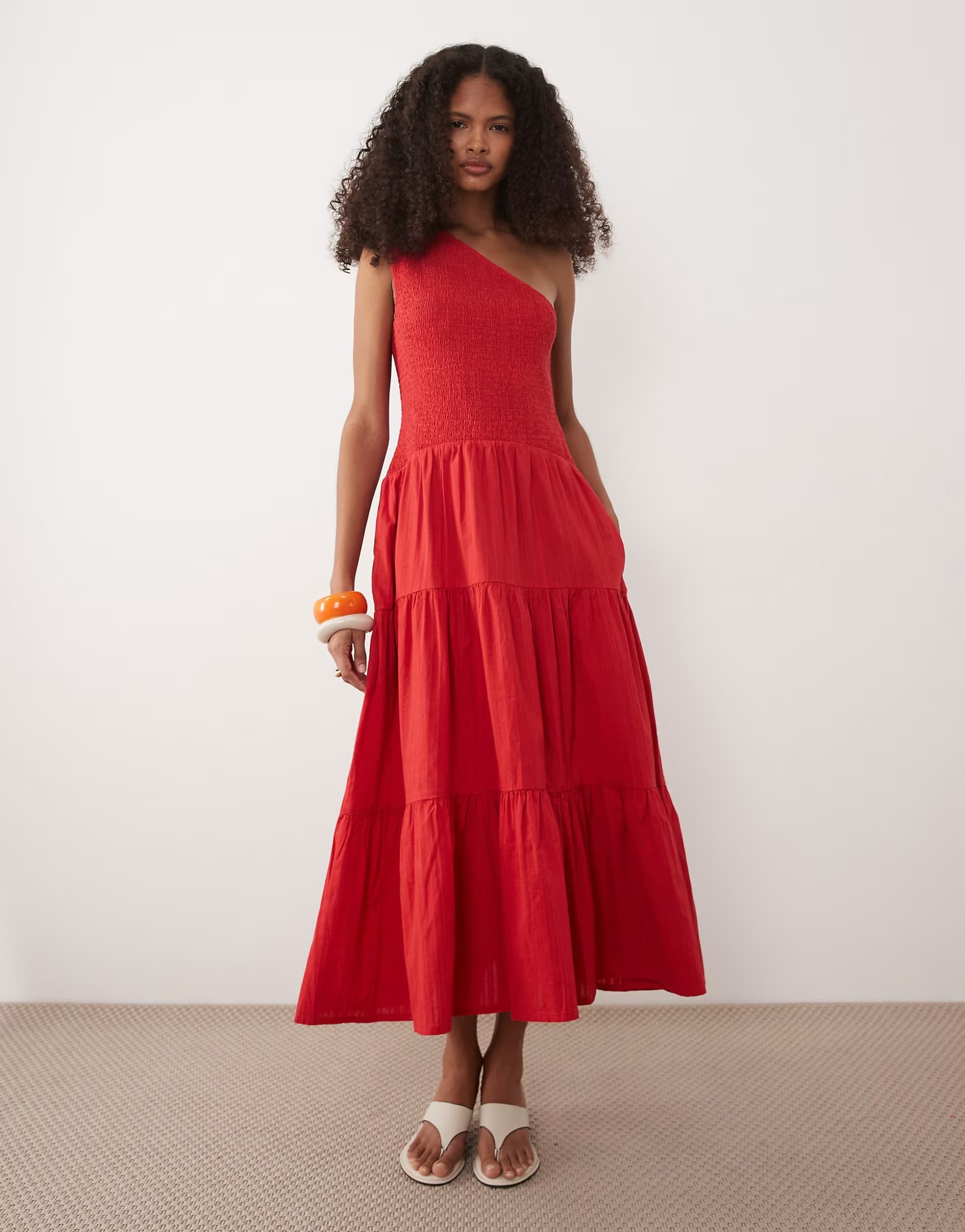 ASOS Nobody's Child Cecilia one shoulder tiered skirt midi dress in red
