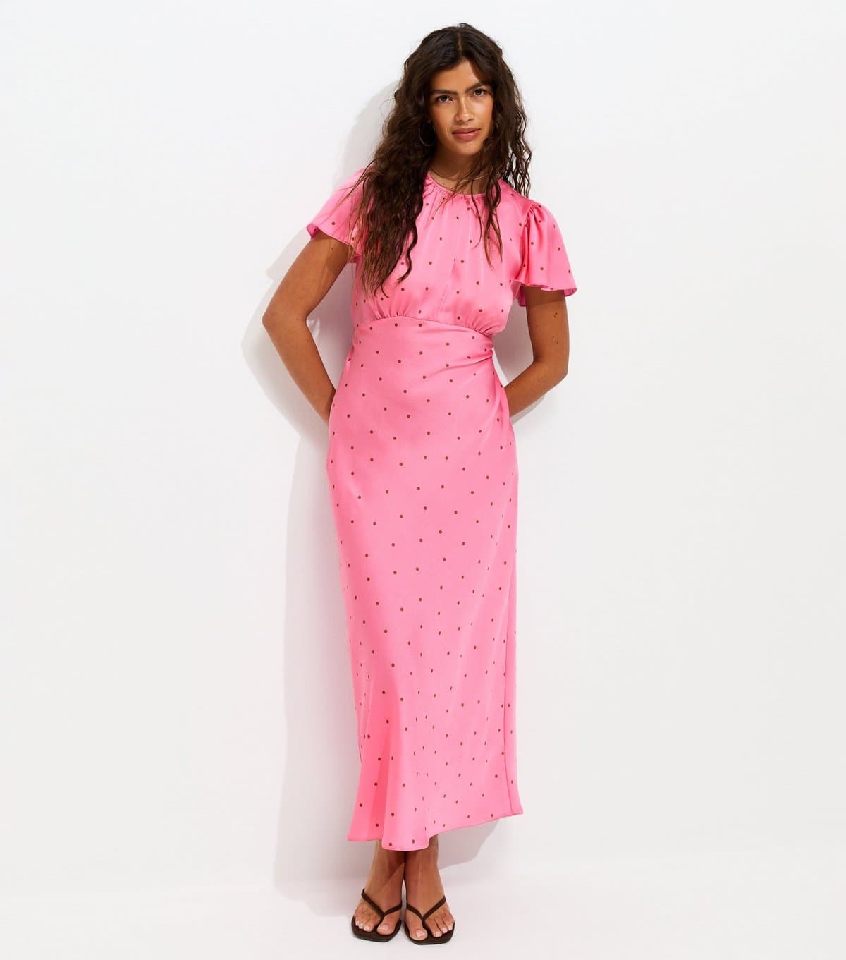 New Look Women's Pink Satin Spot Print Flutter Sleeve Midi Dress New Look