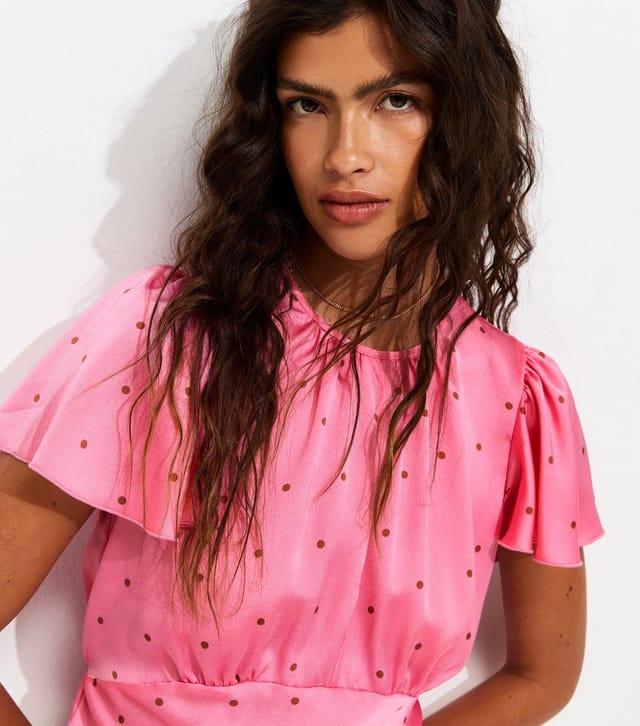 New Look Women's Pink Satin Spot Print Flutter Sleeve Midi Dress New Look - 2