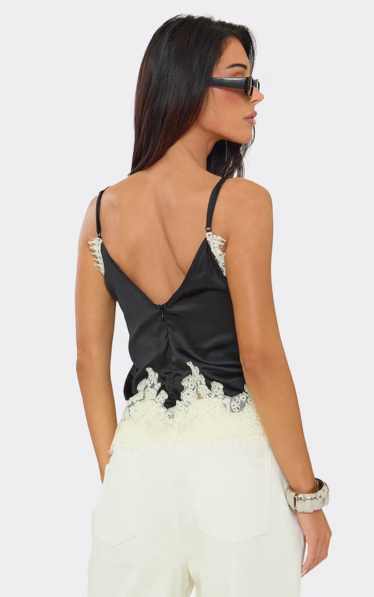 EGO Strappy Contrast Lace Trim Top In Black, Women's Size UK 6