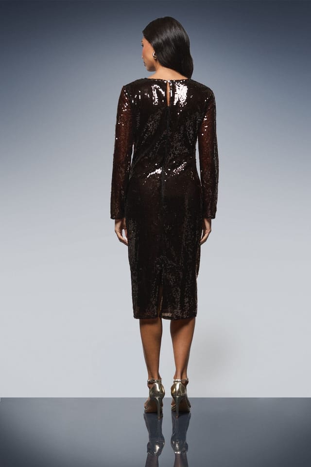 Wallis Wallis Women's Square Sequin Ruched Pencil Dress in Chocolate - 3