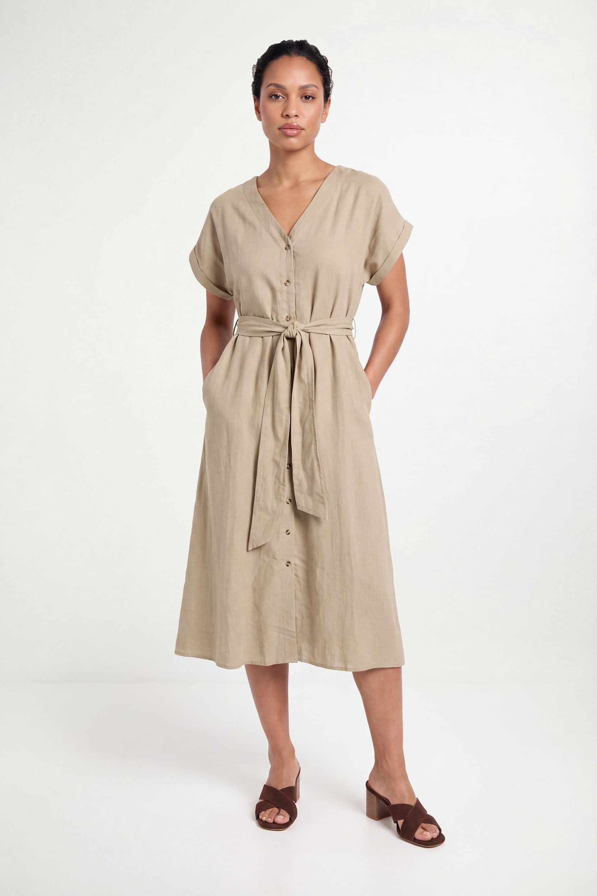 Wallis Wallis Women's Petite Linen Mix Midi Dress in Khaki