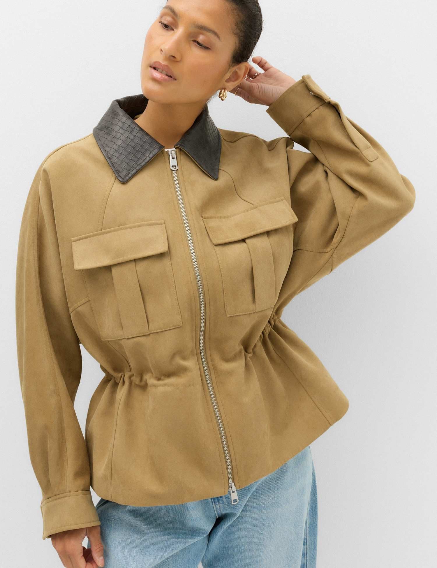 Marks & Spencer M&S Suedette Collared Peplum Utility Jacket Tan