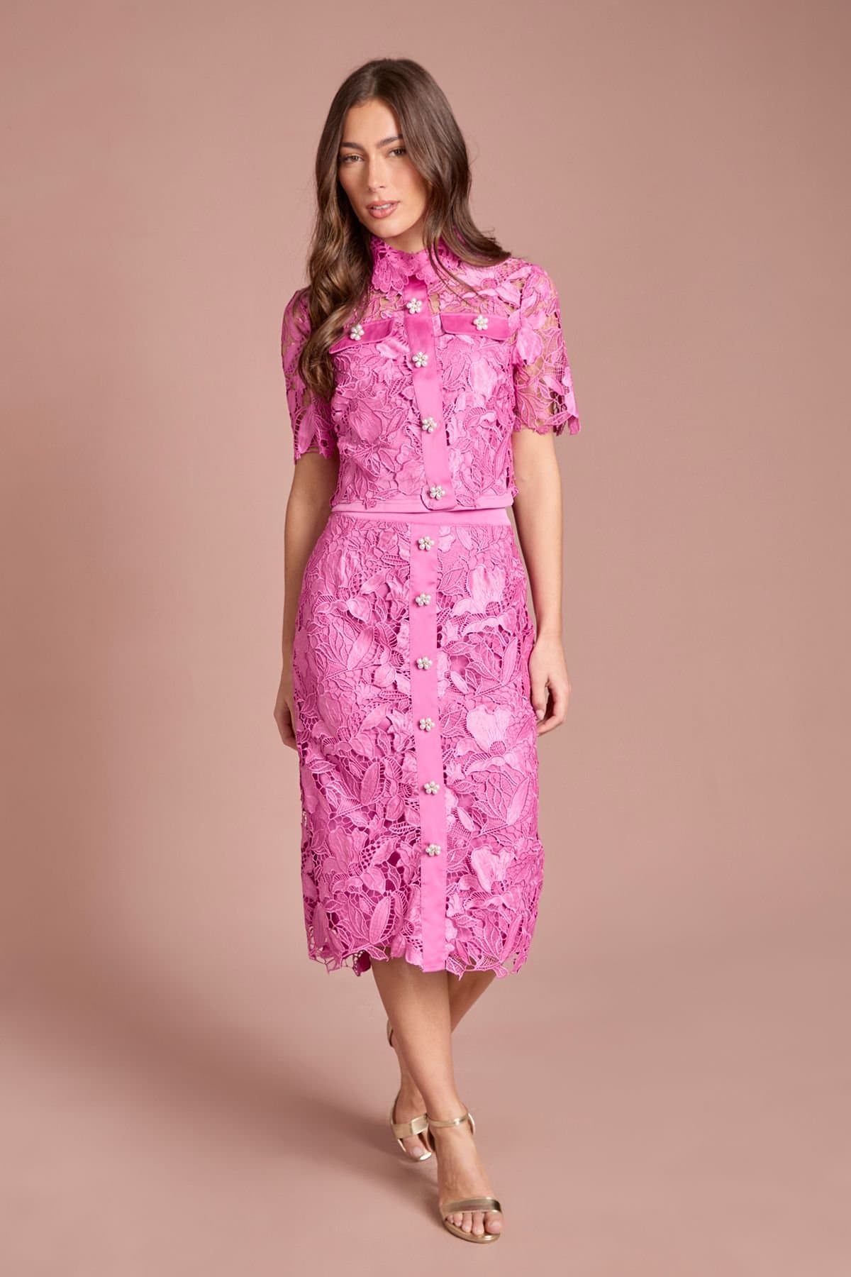 Coast Coast Women's Lace Pearl Button Pencil Skirt in Pink