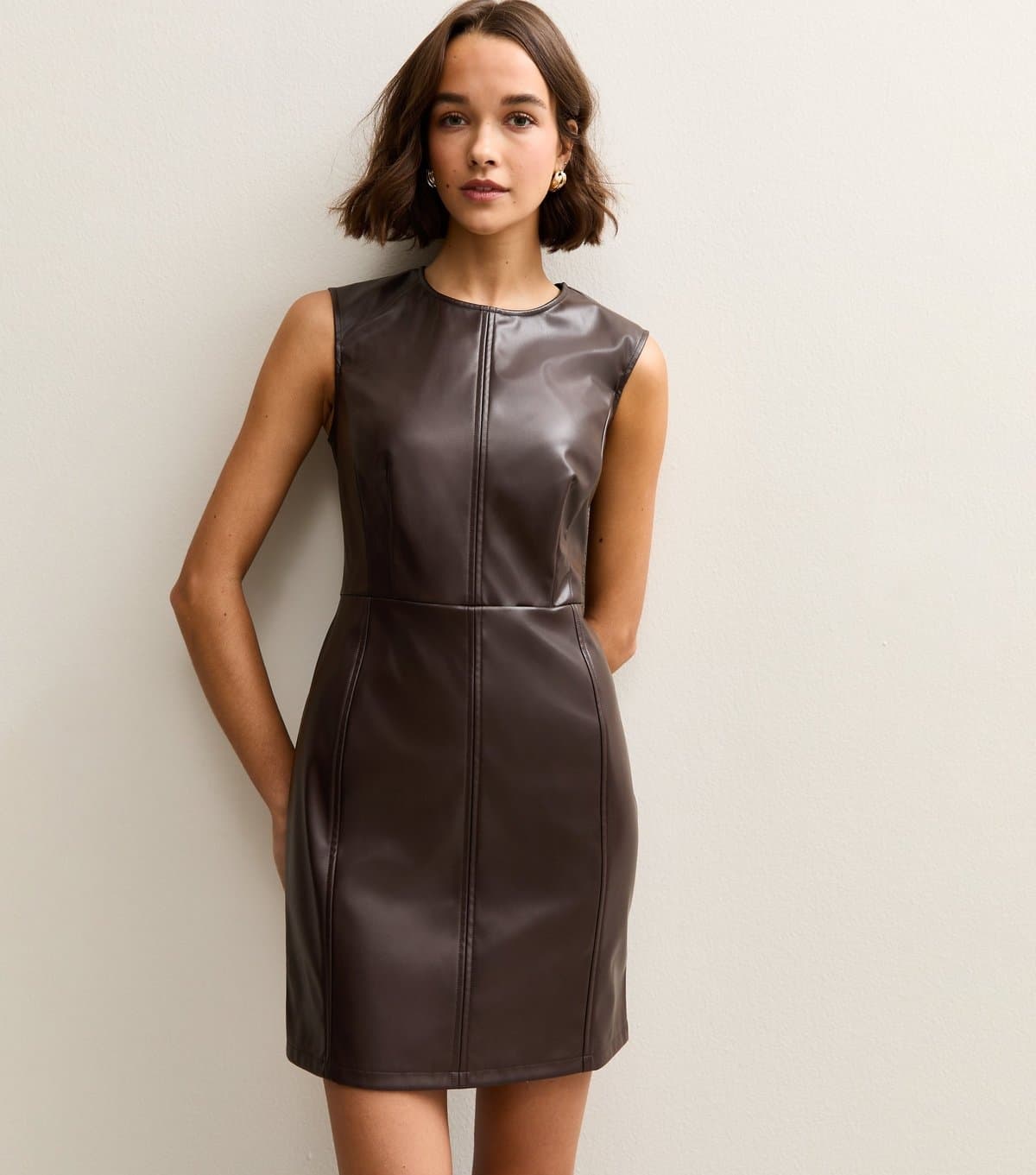 New Look Women's Dark Brown Faux Leather Sleeveless Mini Dress New Look