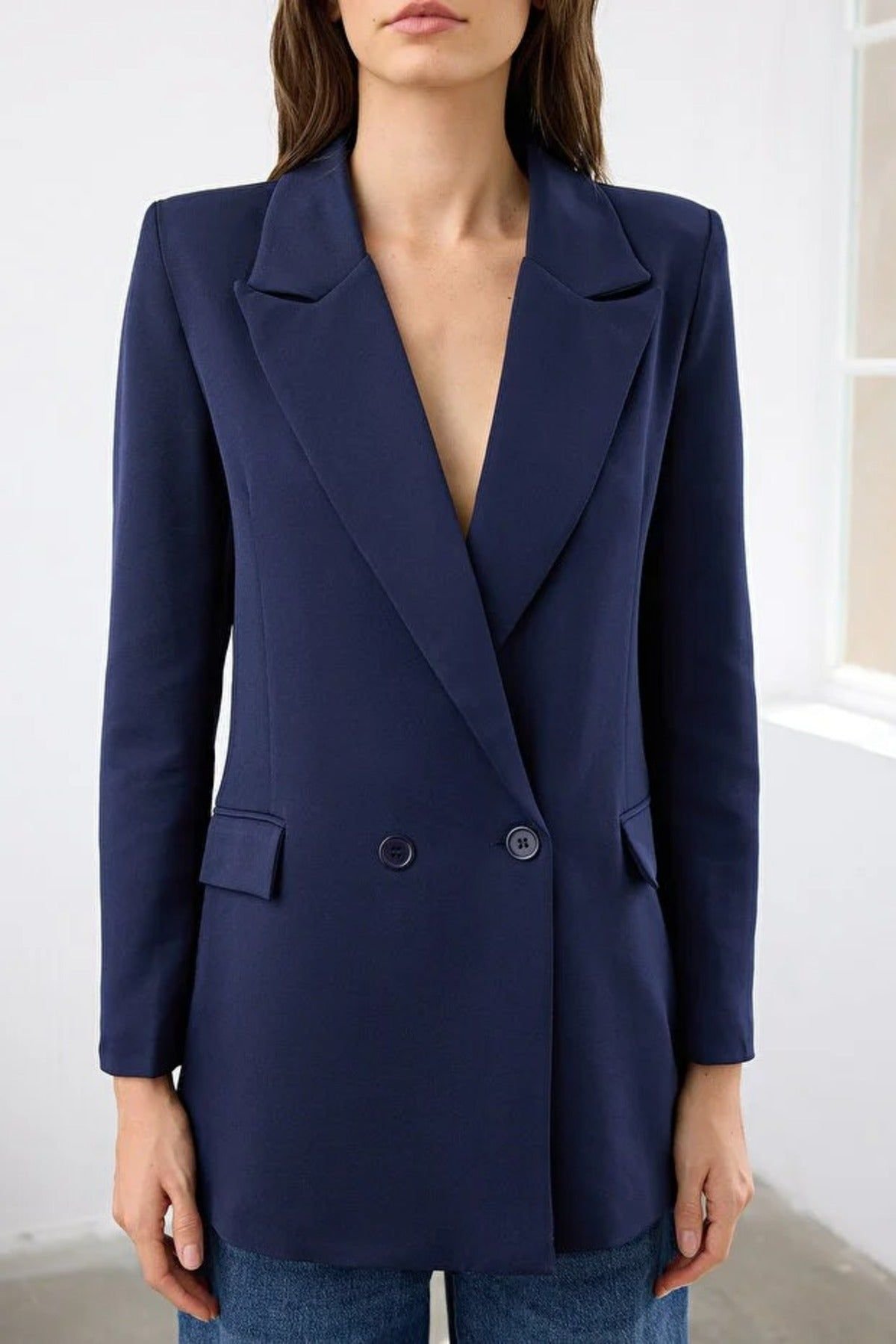 WOVCOR WOVCOR Women's Double-Breasted Tailored Woven Blazer Jacket in Navy - 2
