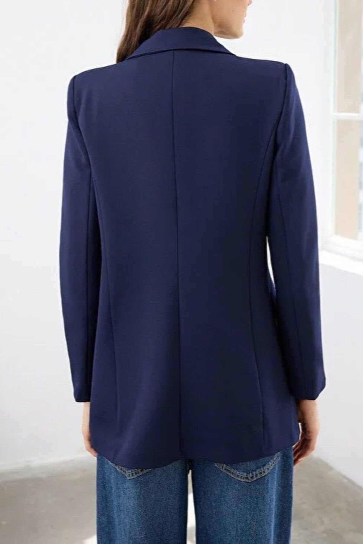 WOVCOR WOVCOR Women's Double-Breasted Tailored Woven Blazer Jacket in Navy - 3