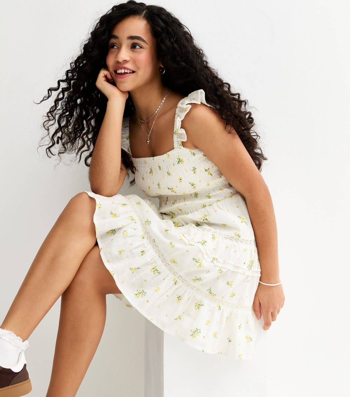 New Look Girls' White Floral Print Textured Dress New Look