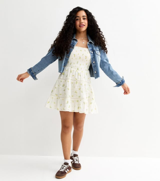 New Look Girls' White Floral Print Textured Dress New Look - 2