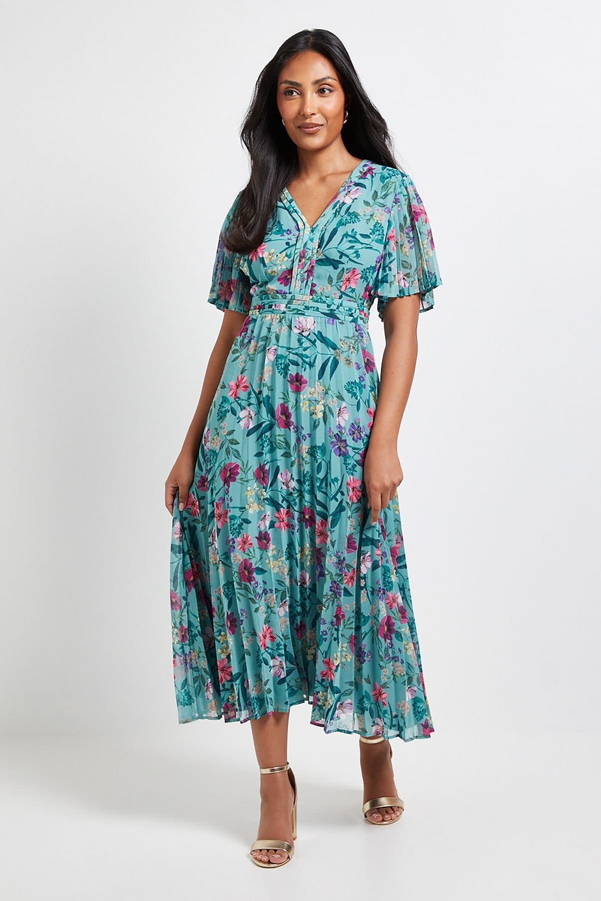 Wallis Wallis Women's Petite Floral Chiffon Pleated Sleeve Midi Dress in Green